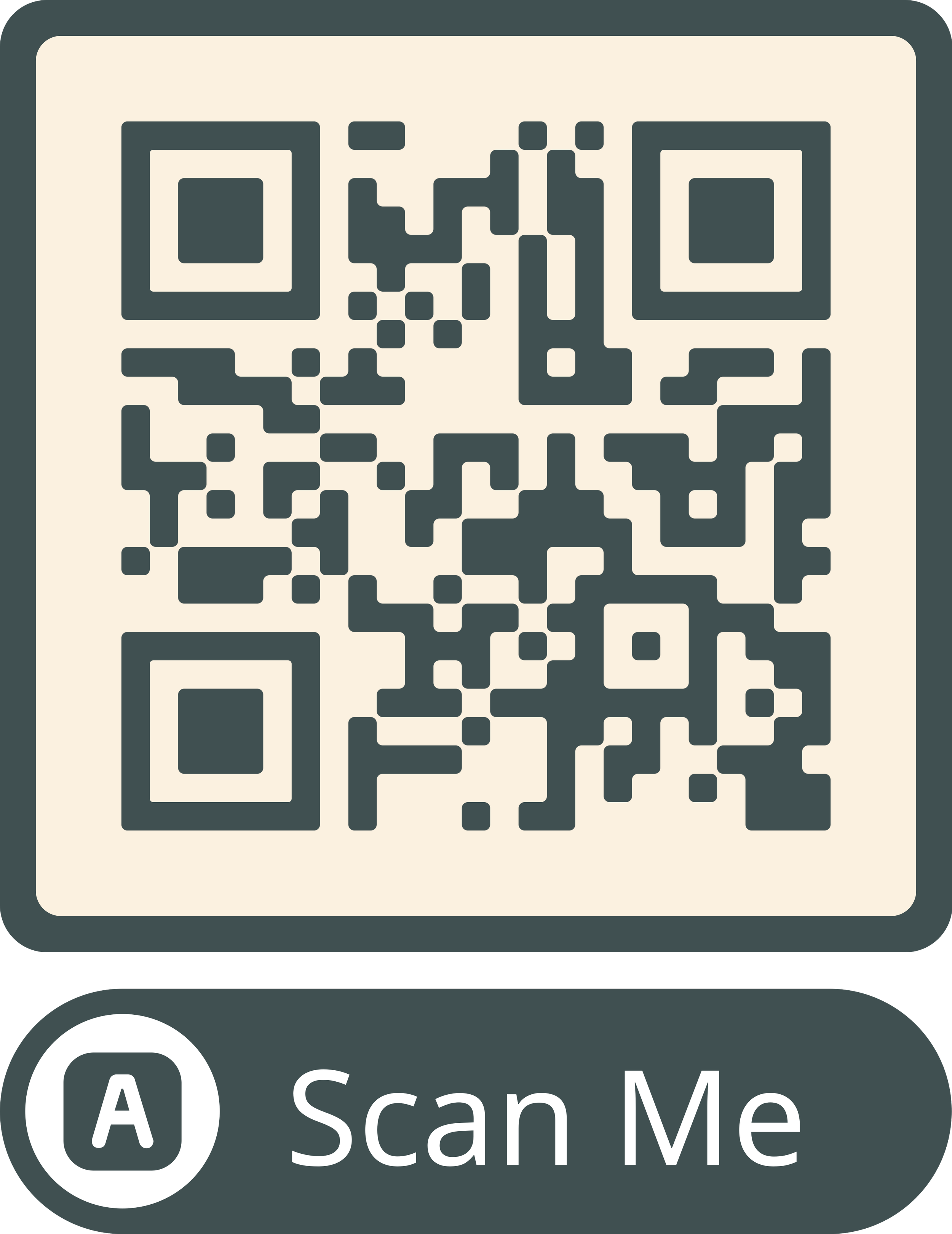 A QR code on a dark gray background with white border and the text '(A) Scan Me' below it.