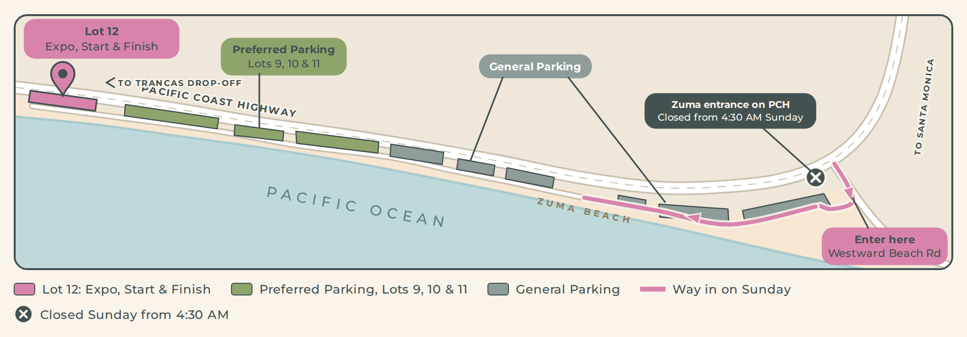 Zuma Beach parking map. Lot 12 is the Expo, start and finish. Preferred Parking is Lots 9, 10 and 11. On Sunday, enter from Westward Beach Road; the Zuma entrance on PCH closes at 4:30 AM.