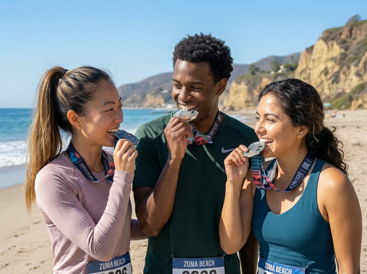 Three runners celebrating with California Double Challenge medals at Zuma Beach in Malibu after a race