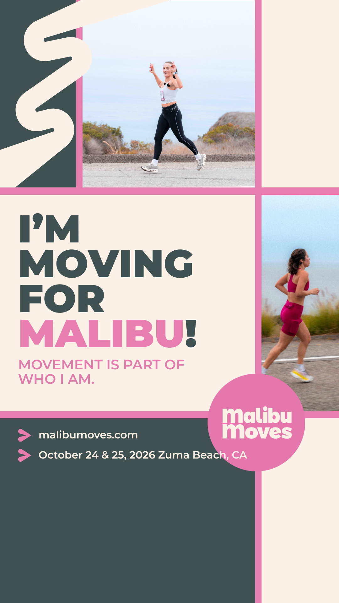 Malibu Moves promotional graphic with runners on the coast and the text “I’m moving for Malibu,” highlighting the October 2026 event at Zuma Beach.