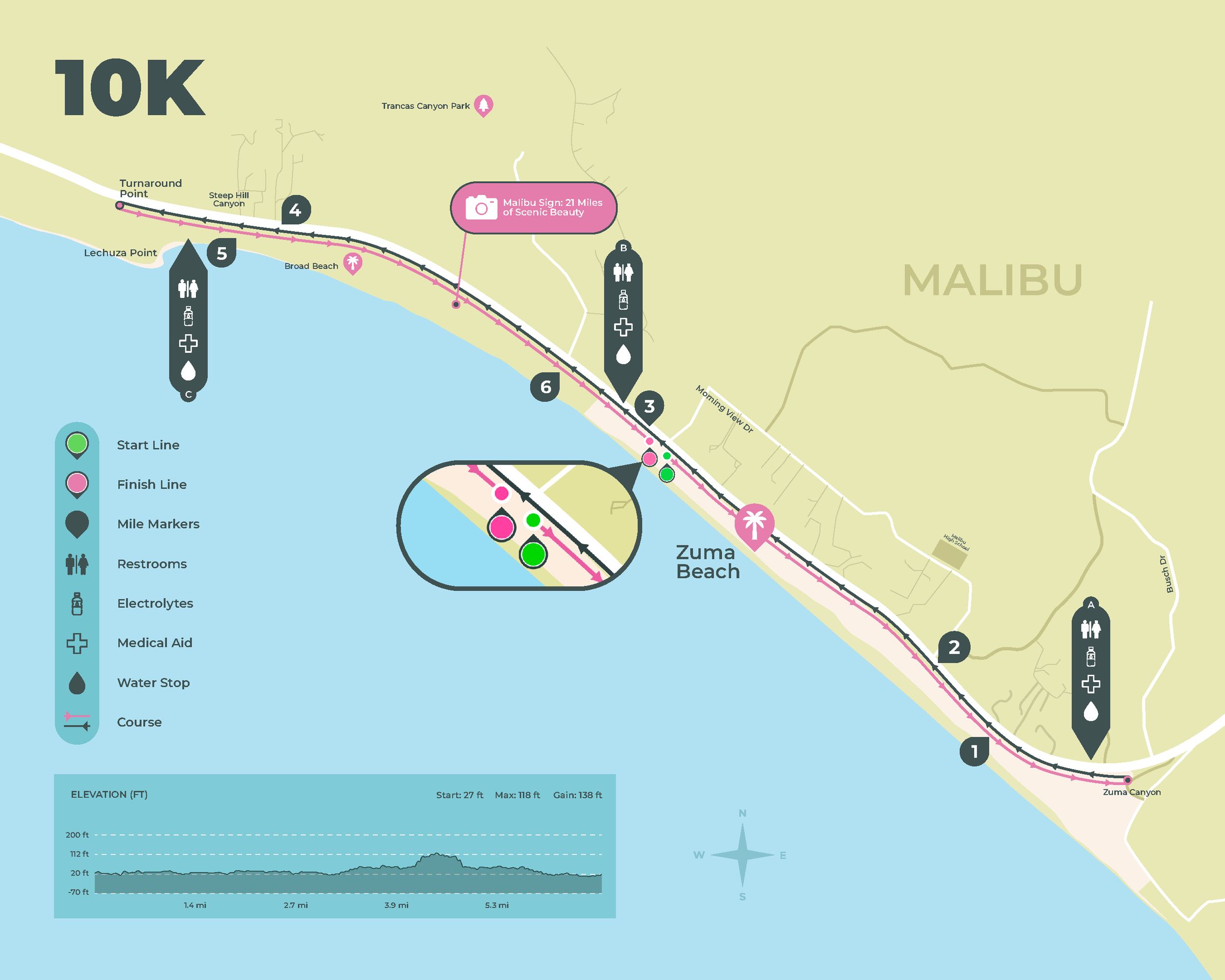 Map of Malibu Moves USATF-measured 10K course takes you on an out-and-back journey along the breathtaking Pacific Coast Highway, featuring gentle rolling hills that add just the right amount of challenge.