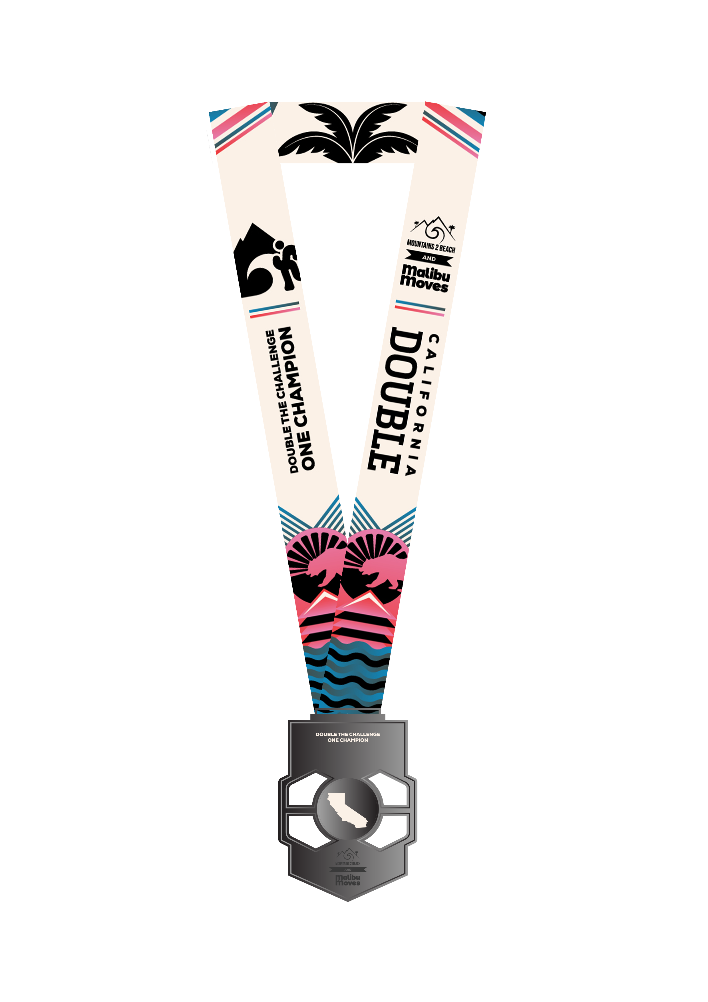 Back of the California Double Challenge medal showing the outline of California with the text “Double the Challenge One Champion,” celebrating runners who complete both Mountains to Beach and Malibu Moves races.