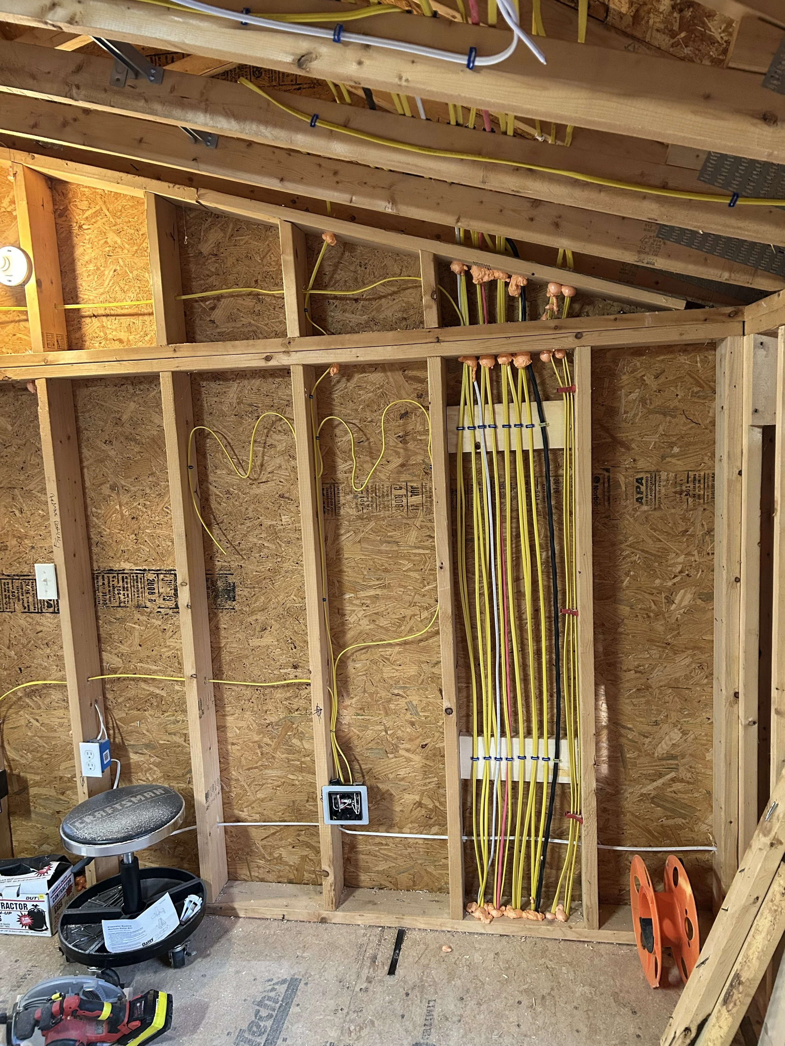 Interior view of unfinished wall with electrical wiring
