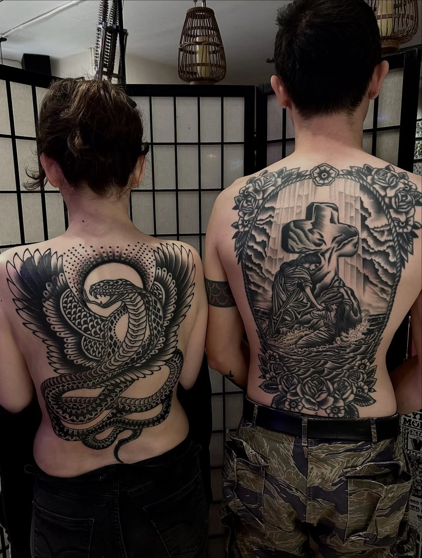 Backpieces done by @pauldobleman 
Paul is available by appointment&mdash;email pauldobleman@gmail.com to set book in with him!

#🖤 #blackhearttattoo #traditionaltattoos #blackwork #blackandgreytattoo 
#sanfranciscotattoos #backpiecetattoo 
#missiond