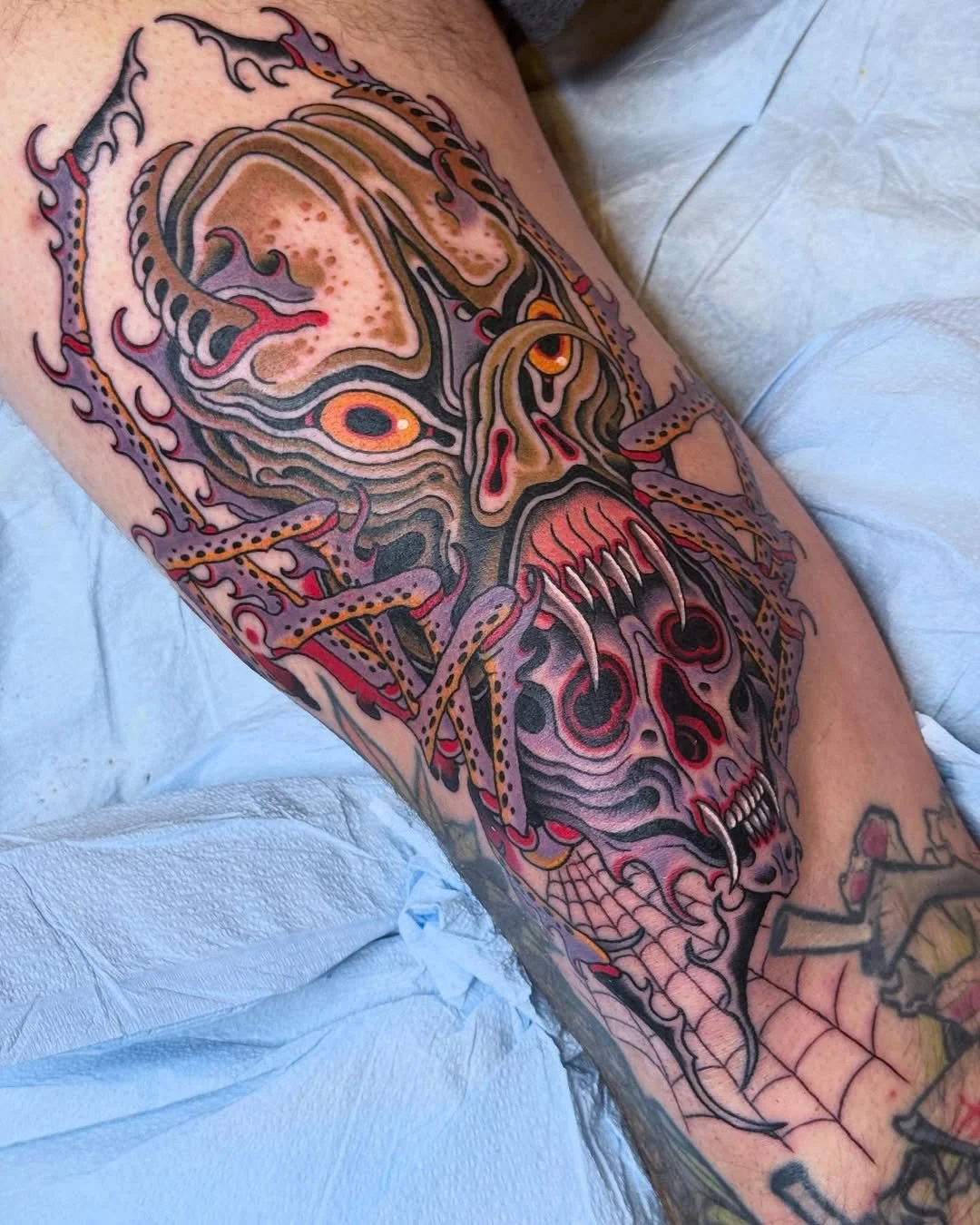 A couple of demon arachnids by @dereknoble36 
Derek is in the shop MON, THURS&ndash;SAT.
☎️ Call the shop, or email funnobes@yahoo.com to book.