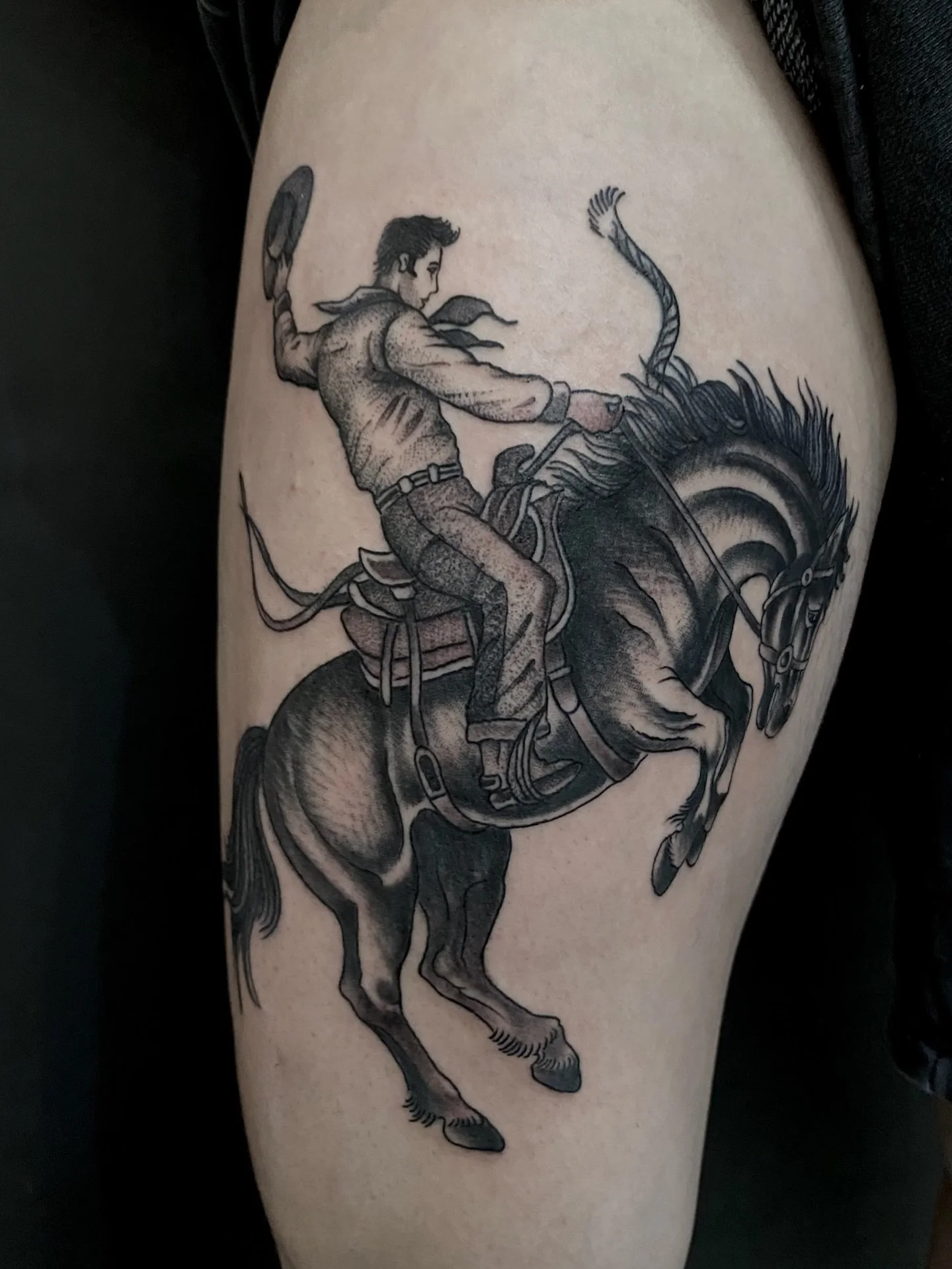 Giddy up! Black and grey cowboy by @derickmontez 
To book in with Derick at Black Heart it&rsquo;s easy - simply email 
📧monteztattoos@gmail.com