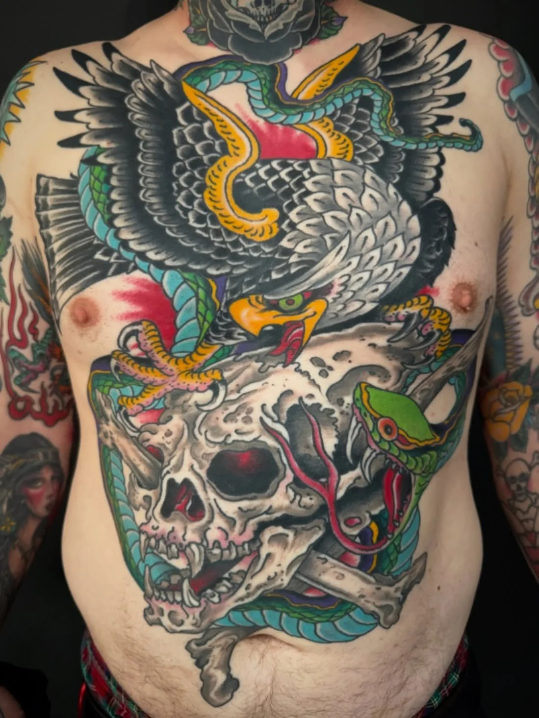 Monumental snake, skull, eagle full front torso piece by @scsylvia 
Scott is in the shop Friday-Monday. Click the link in bio to set up an appointment with him!