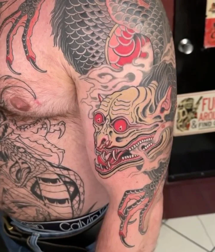 Large crawling demon from the chest to the elbow by @dereknoble36 
Derek is in the shop Mon, Thu to Sat 
Email :funobes@yahoo.com to set something up.

Black Heart Tattoo, San Francisco