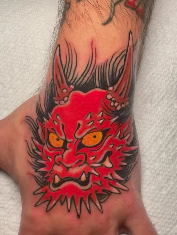 Super saturated red Japanese Oni hand tattoo by @fernology tattooed at Black Heart Tattoo SF 
Fern is in the shop Tuesday&ndash;Wednesday and Saturday&ndash;Sunday
Link in bio to book or call, email the shop 

☎️ 415-431-2100
📧 bhtattoosf@gmail.com
