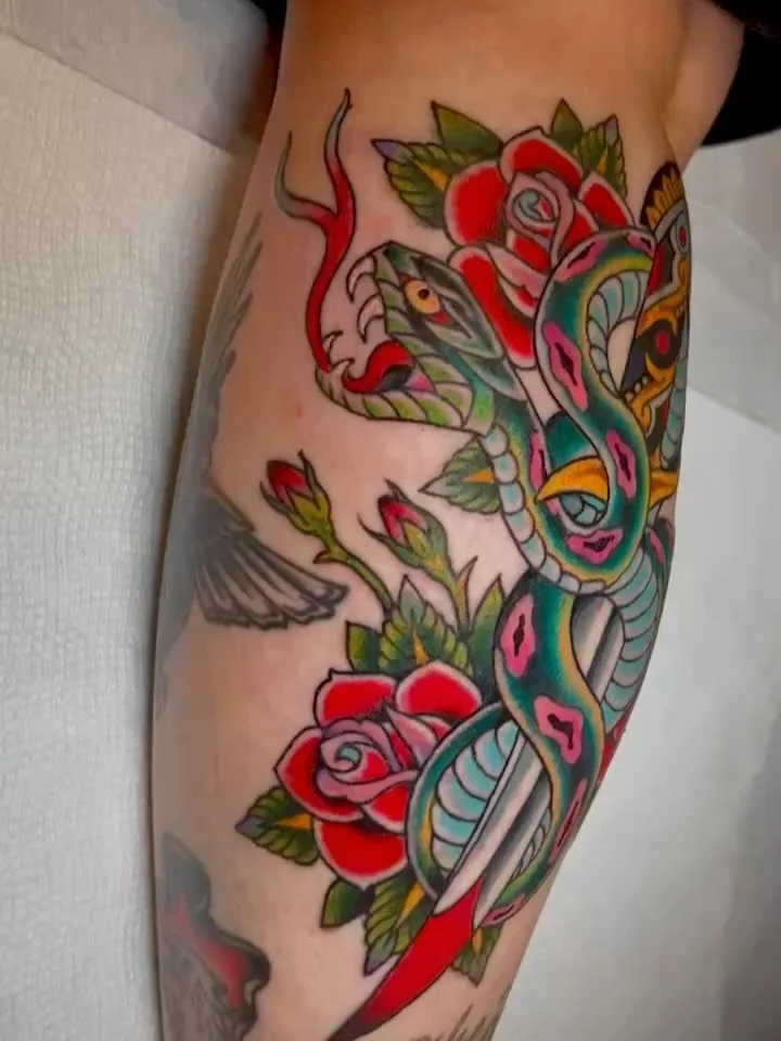 The trifecta &mdash; snake, roses, and dagger tattoo by @moses_saarni_tattoo 

Black Heart Tattoo, SF 

Moses is in the shop FRIDAYS - MONDAYS and accepts walk-ins and appointments. 

Link in bio to book with him or swing by the shop.