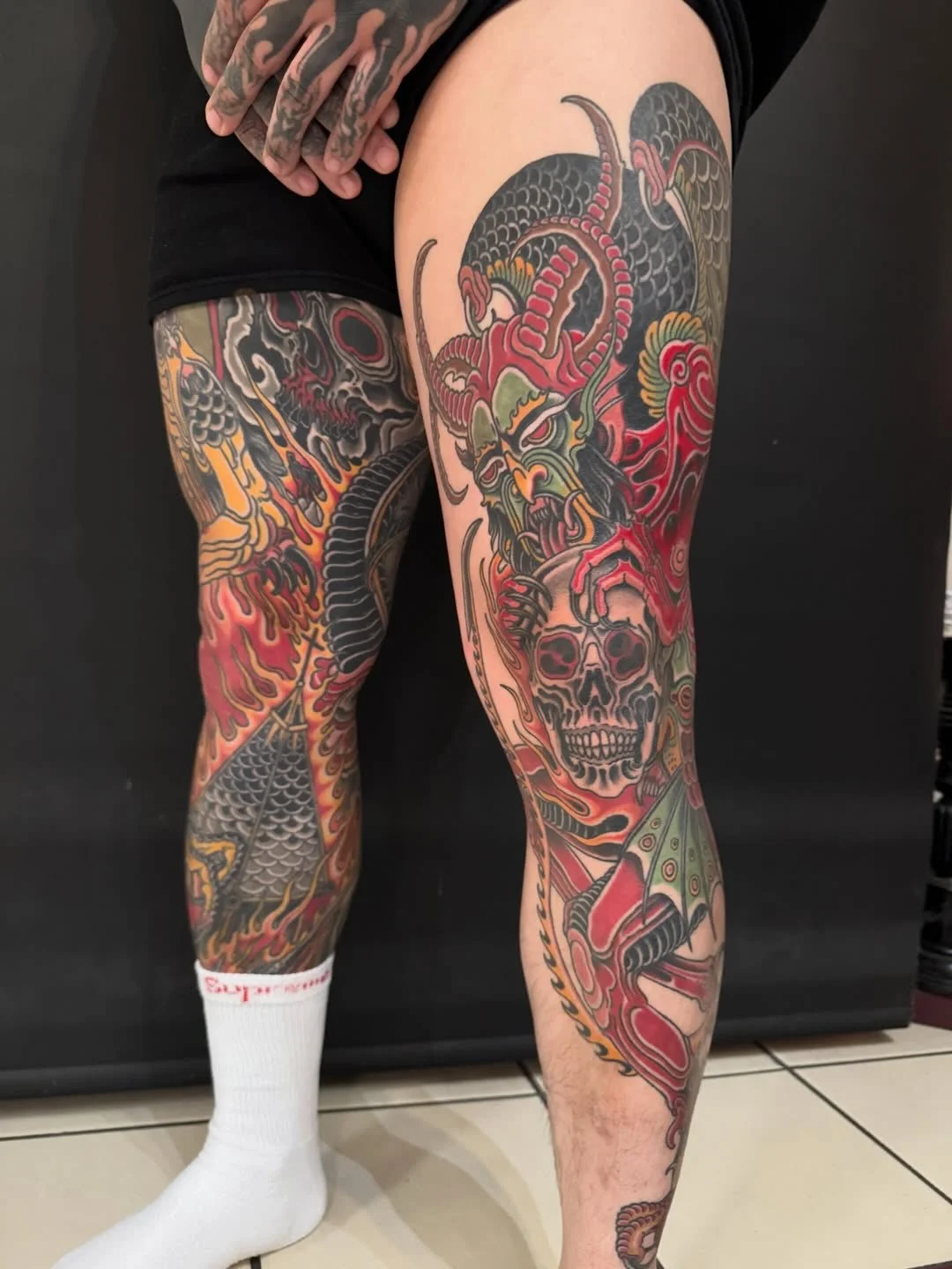 Bro. More insane large scale demon arrangements by @dereknoble36 🔥
Check out that lick. 😳

Derek is in the shop Mondays, &amp; Thursdays - Saturdays. 

Book ahead with him at funobes@yahoo.com or swing by to grab a walk-in. 

Black Heart Tattoo, Sa