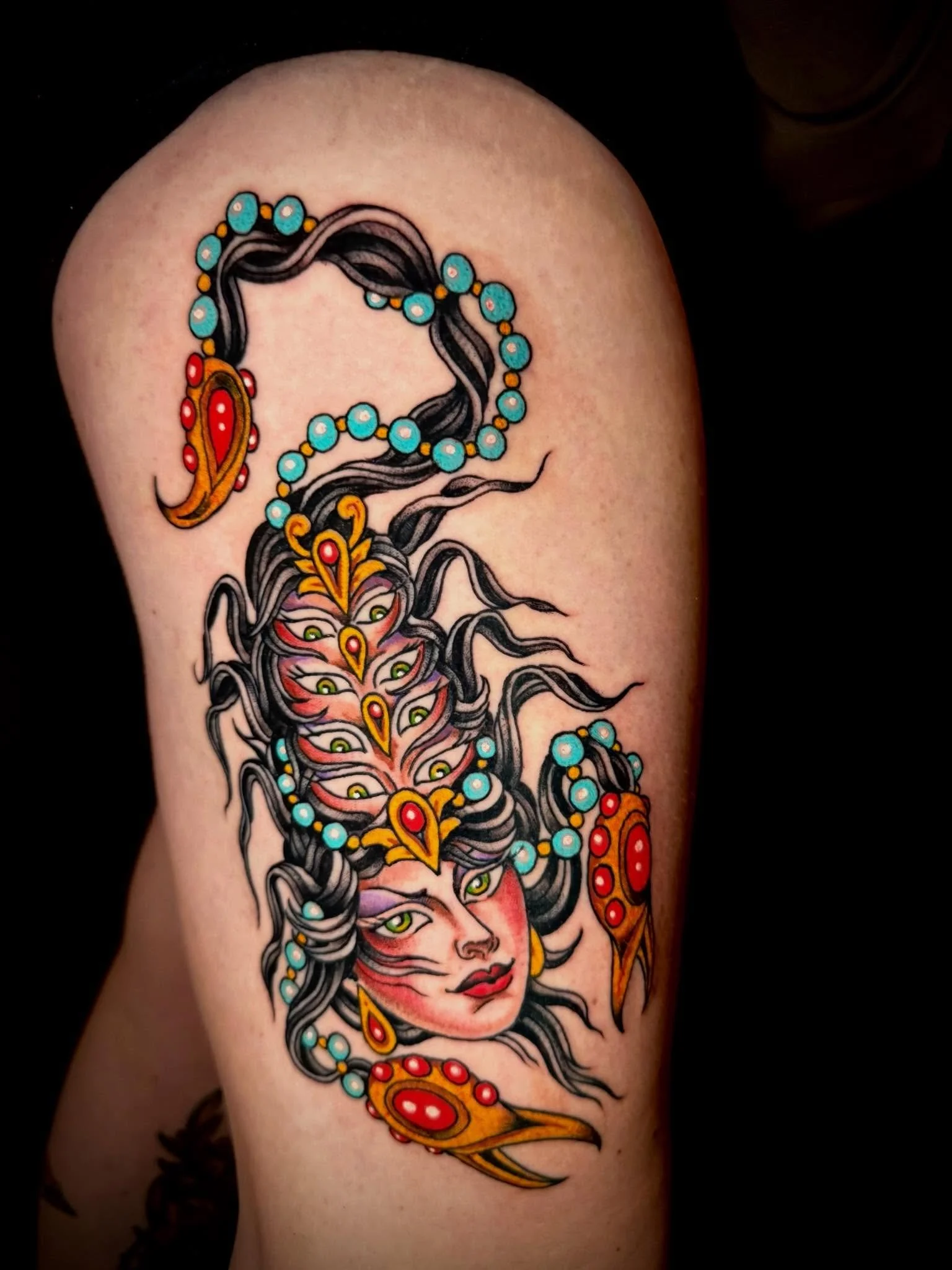 Good luck not getting lost in all five sets of eyes on this scorpion mega babe by @moses_saarni_tattoo 
The details are wild! Legs made of her hair and a ponytail stinger? Come on! 

Moses is in the shop FRIDAYS - MONDAYS and accepts walk-ins and app