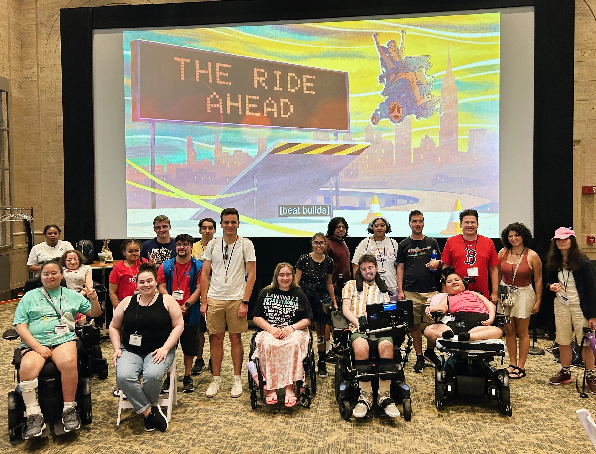 Photos of an audience in front of a screen that shows a still frame from The Ride Ahead.