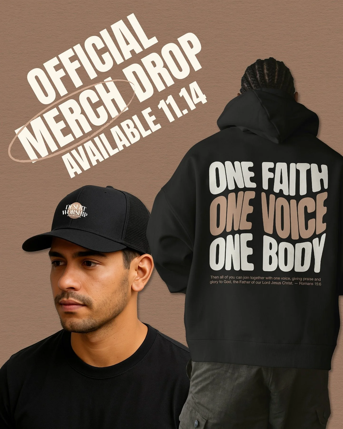 We&rsquo;ve got MERCH!! 🔥
Every piece was designed with intention, reflecting the vision and mission of Desert Worship Collective and One Voice Worship Fest. We are one body, one voice, one faith, and together in unity, we lift high the name of Jesu