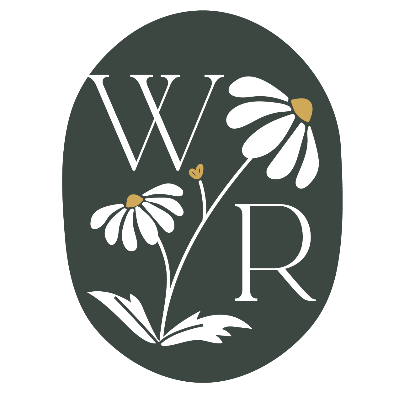 A dark green oval background with the white letters 'W' and 'R', a white daisy flower with yellow centers, and small yellow leaf accents. Suitable for a logo or monogram design.