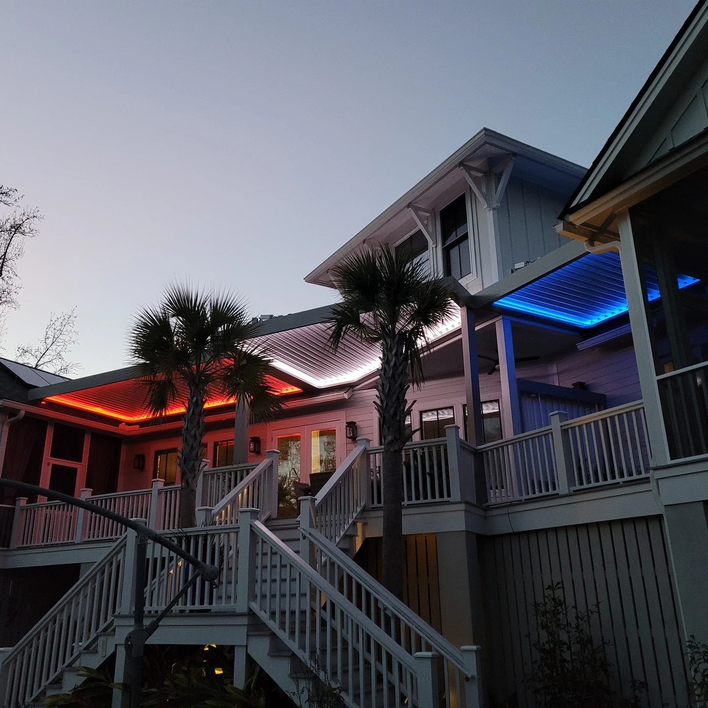 In honor of the upcoming holiday, we wanted to share this beauty of a project. Check out the custom lighting on these StruXure Pivot 6 Pergolas, as well as the custom fit angles for the structure its self. We hope everyone has a wonderful and safe ho