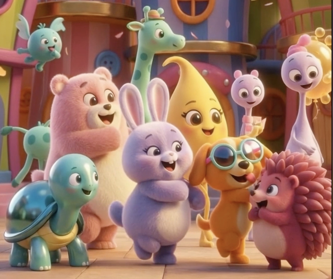 Happy, fun, and bright colored cartoon characters dancing in a still image of an animation.