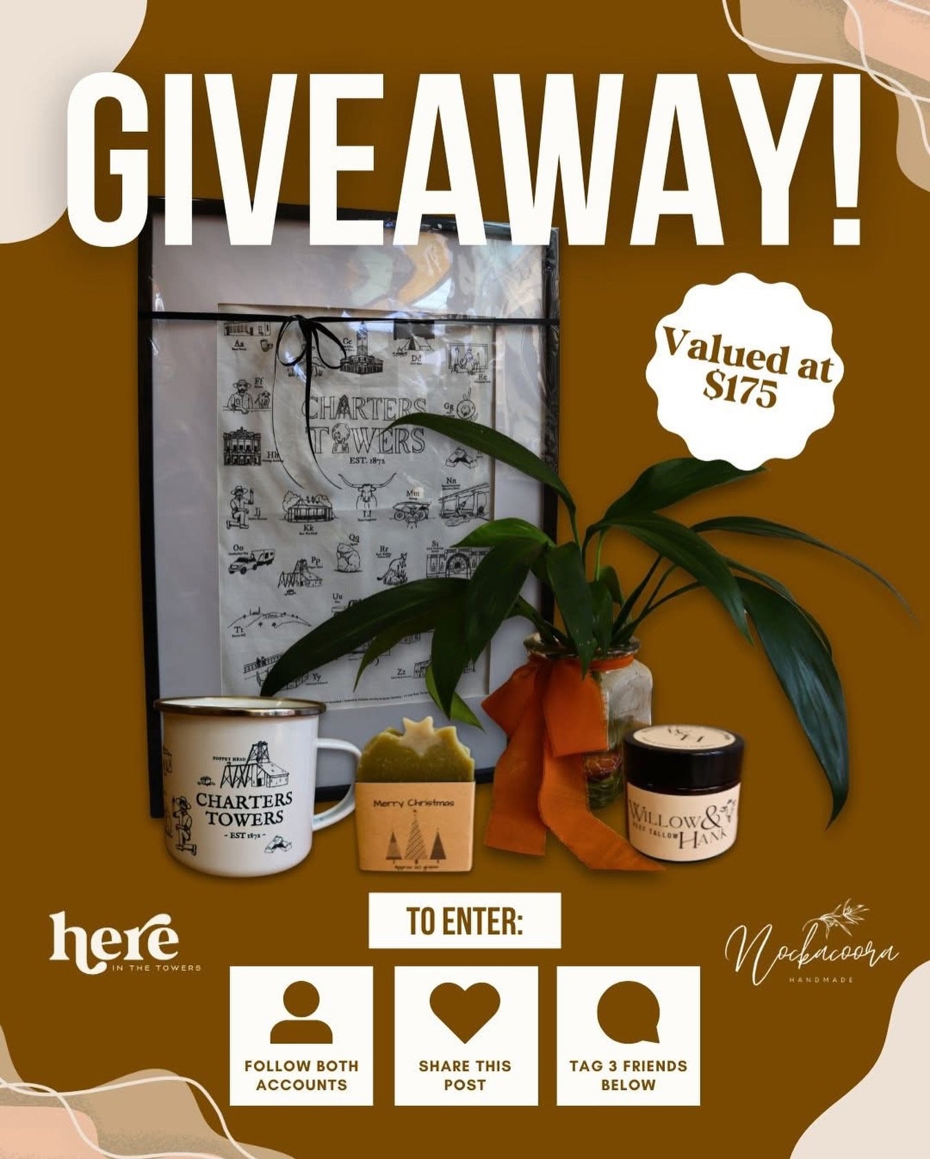 𝑪𝒉𝒓𝒊𝒔𝒕𝒎𝒂𝒔 𝑮𝒊𝒗𝒆𝒂𝒘𝒂𝒚🎄

Enter now for your chance to win a pack valued at $175 including a gorgeous Plant, Whipped Tallow, West Wind Soap Co &amp; our signature Charters Towers Pannikin &amp; Framed Tea Towel. 

To enter:
- Follow both