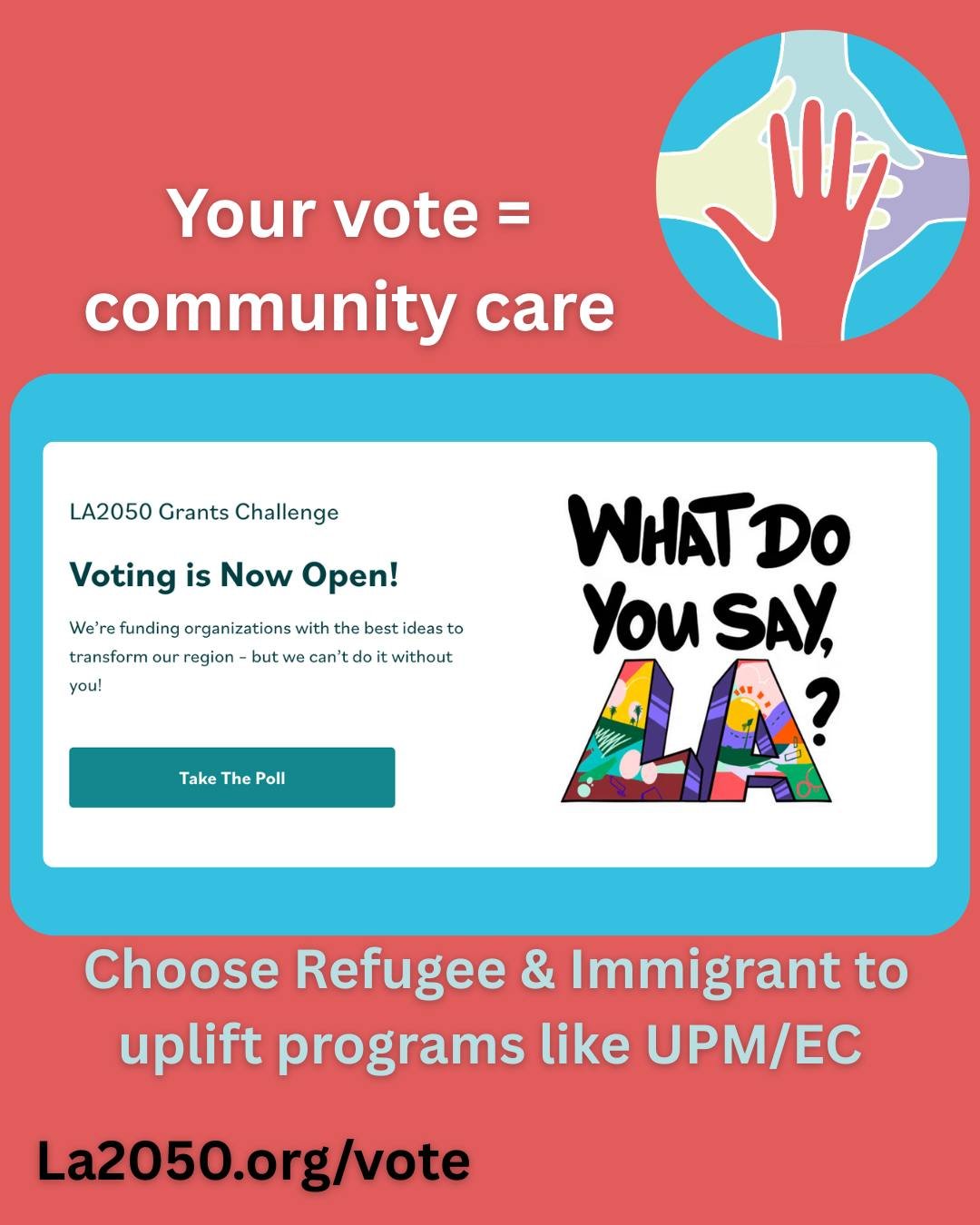 Voting is now open for the #LA2050 Grants Challenge and your voice matters!

Support programs like PRPSN by voting for the Refugee &amp; Immigrant issue area to help sustain and grow our Spanish language programs, El Centrito de Apoyo and Un Paso M&a