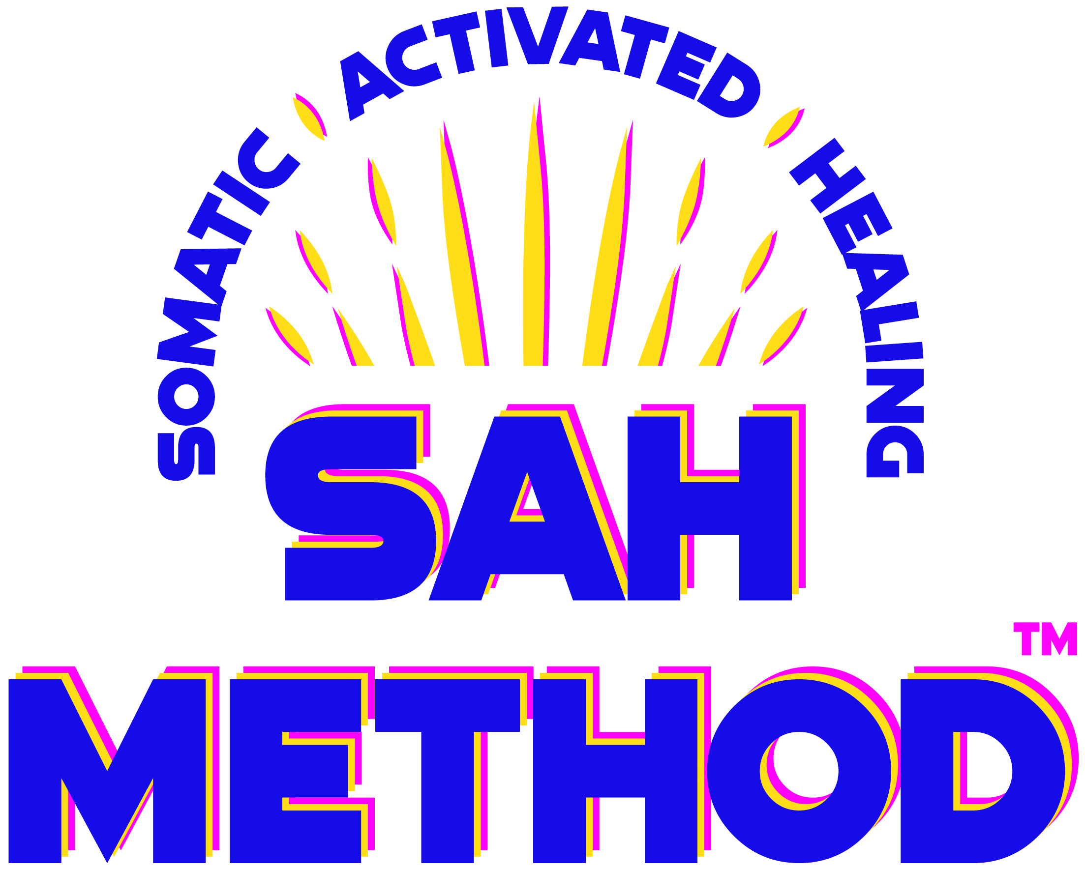 A logo with the phrase 'SAH METOD' in large blue letters with yellow and pink outlines, with the words 'Sonatic Activated Healing' curved around the top in blue, and a stylized sunburst design in yellow and pink above the text.