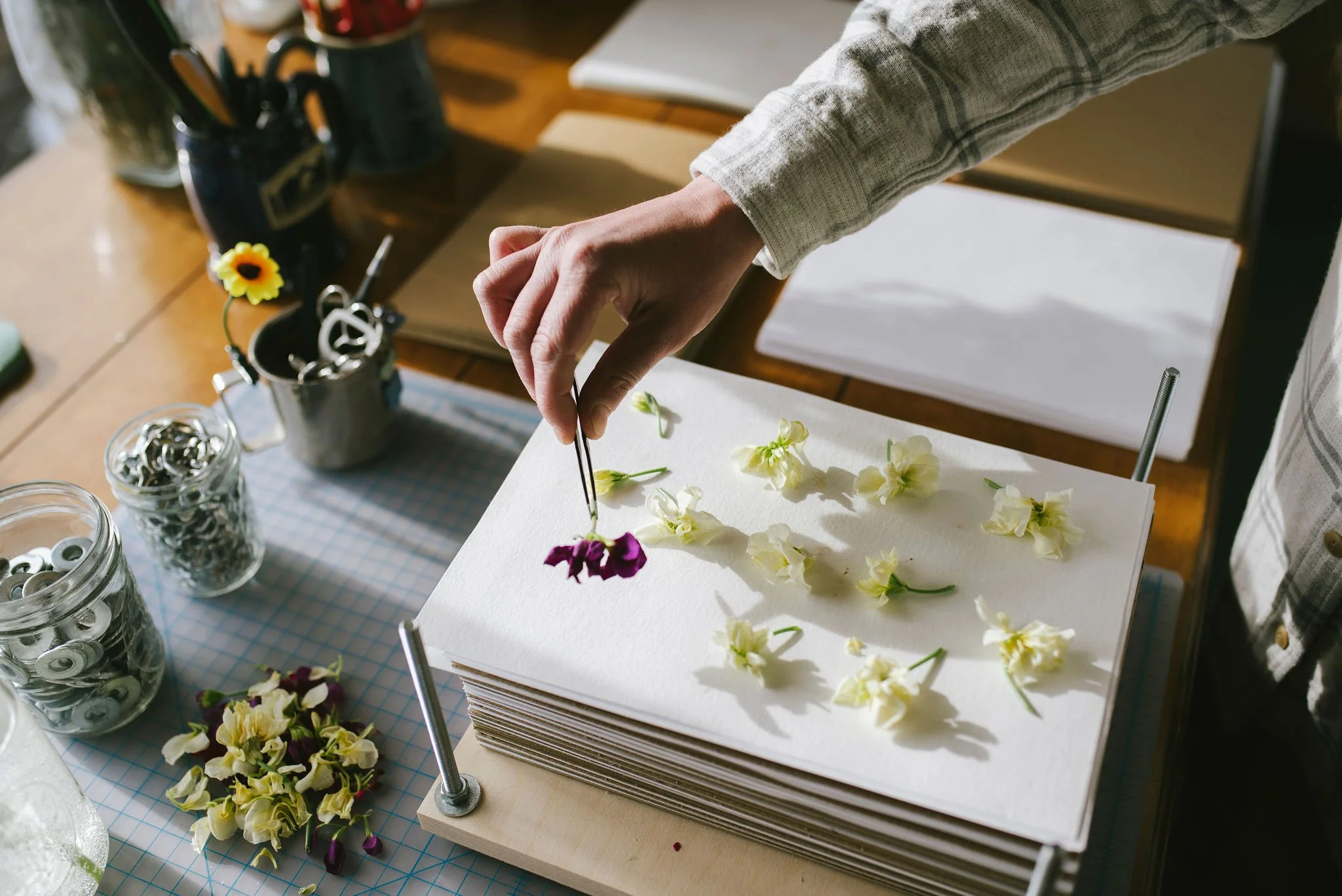QA close up of the artist pressing stock flowers.