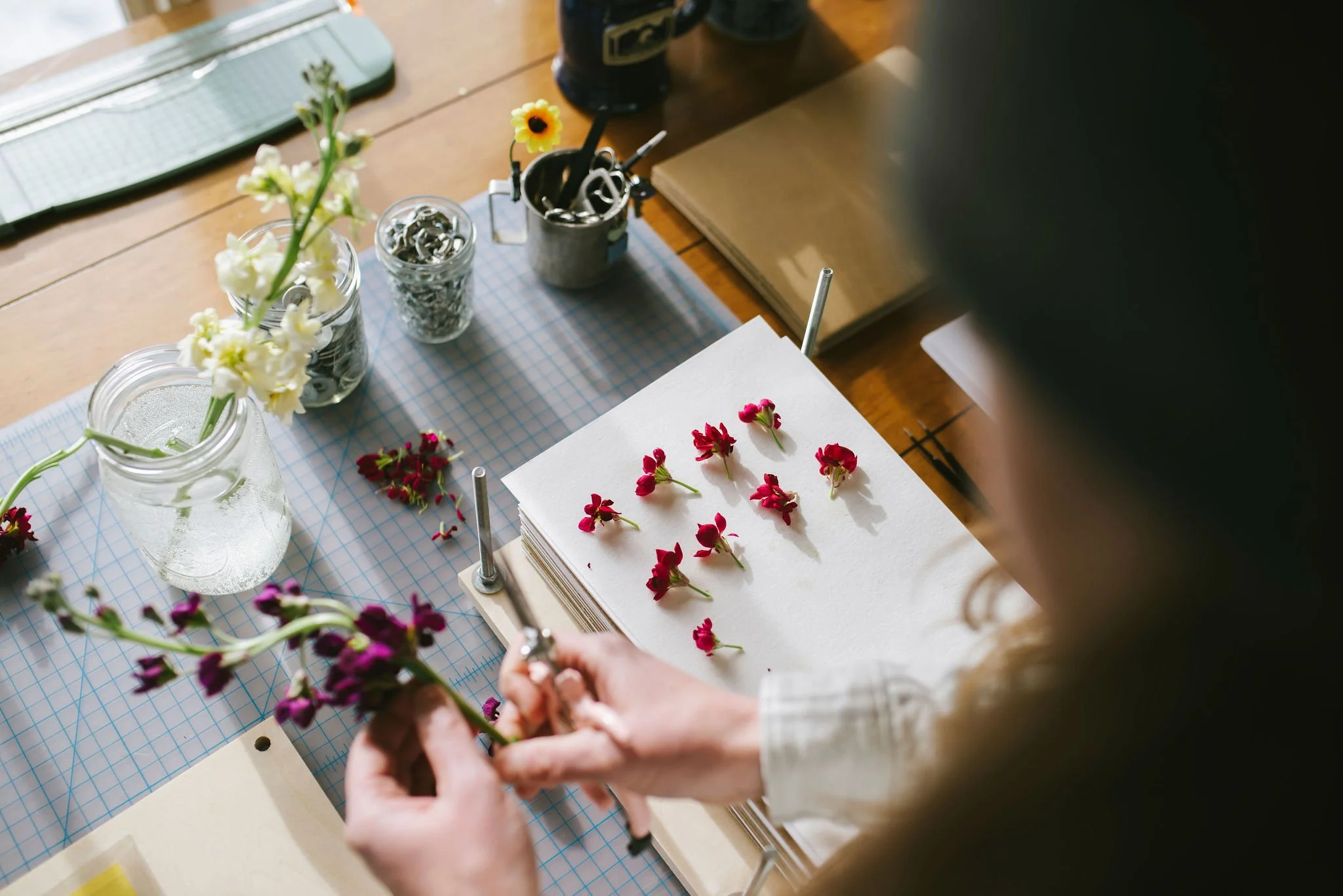 The artist pressing stock flowers in her studio. The photograph is taken from behind the artist's shoulder as she works. 