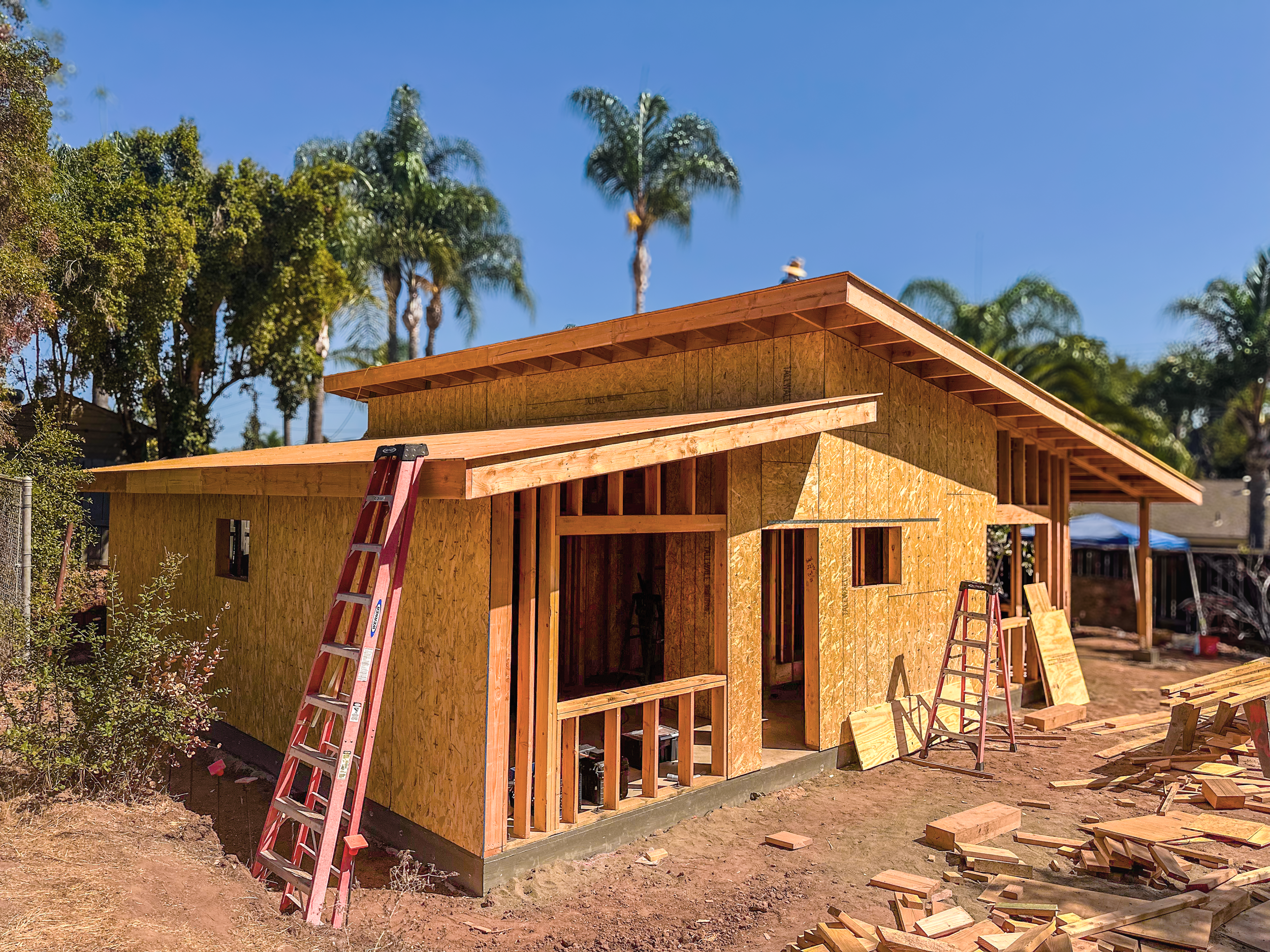 A house under construction with wooden framing and plywood sheathing, ladders, and construction materials around it, set in a neighborhood with palm trees and clear blue sky.
