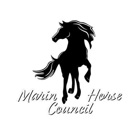 Silhouette of a rearing horse with the text "Marin Horse Council" below in white on a black background.
