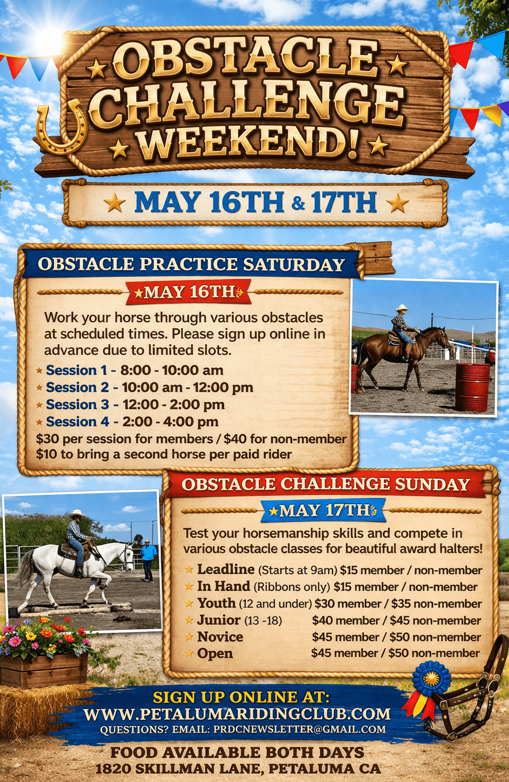 A colorful announcement for an obstacle challenge weekend event at a ranch, with dates May 16th and 17th, featuring obstacle practice and classes with photos of horses and riders.