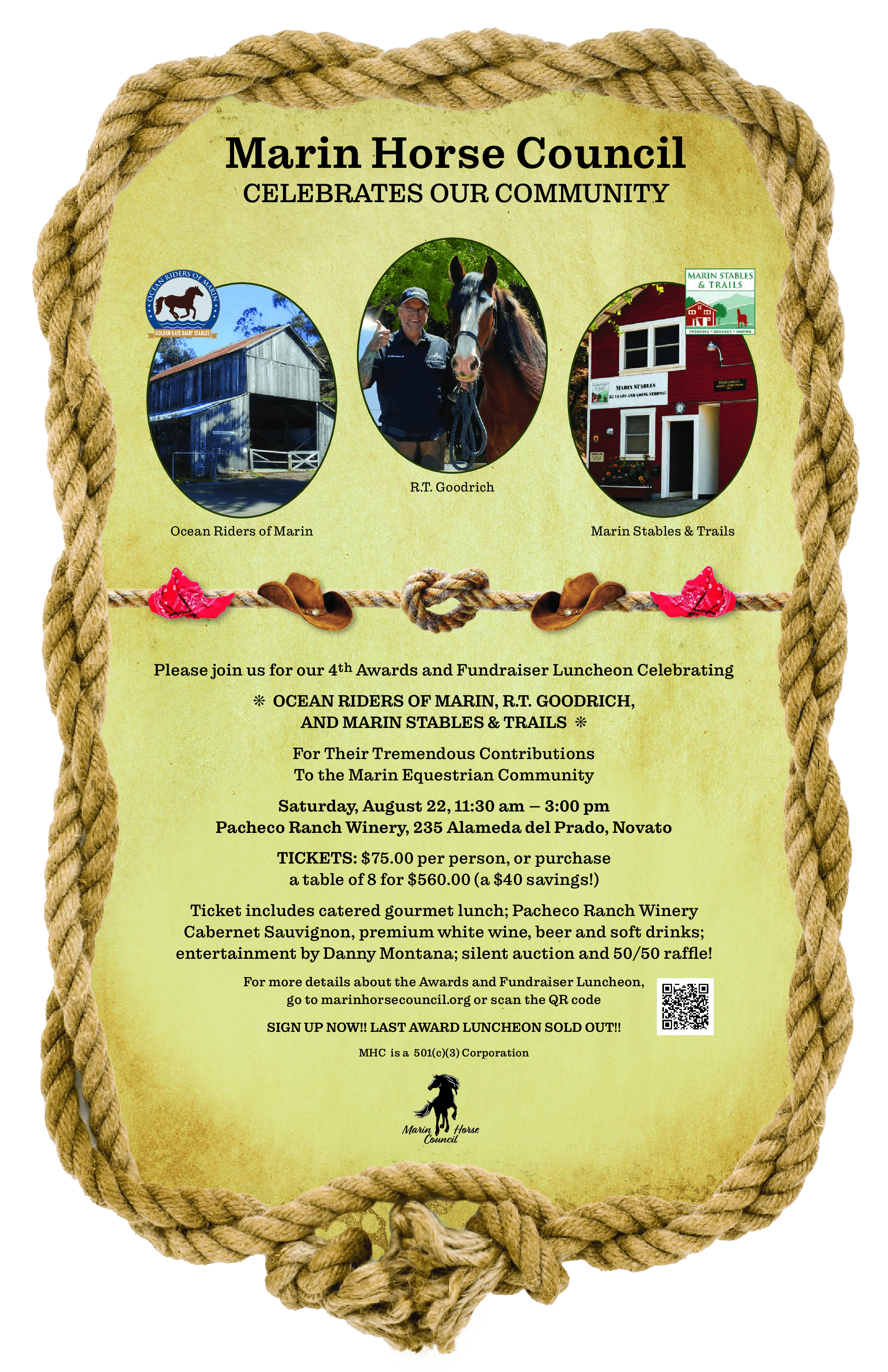 A flyer for the Marin Horse Council event, celebrating the community with pictures of a horse, a stable, and a riding group, surrounded by a rope border.
