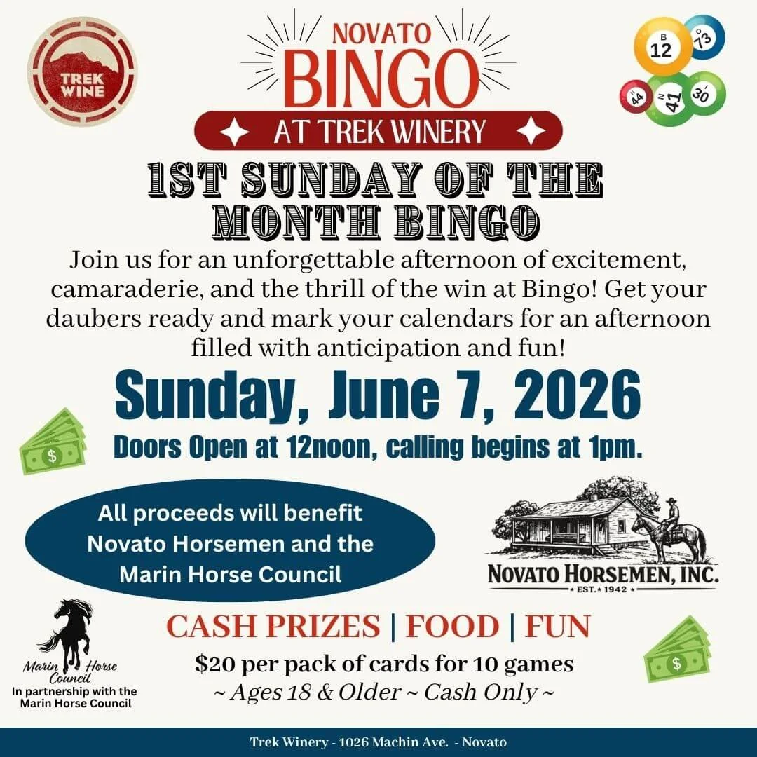 Event flyer for Novato Bingo at Trek Winery on Sunday, June 7, 2026, featuring details about the bingo event, proceeds benefiting the Novato Horsemen and Marin Horse Council, cash prizes, food, and fun activities.