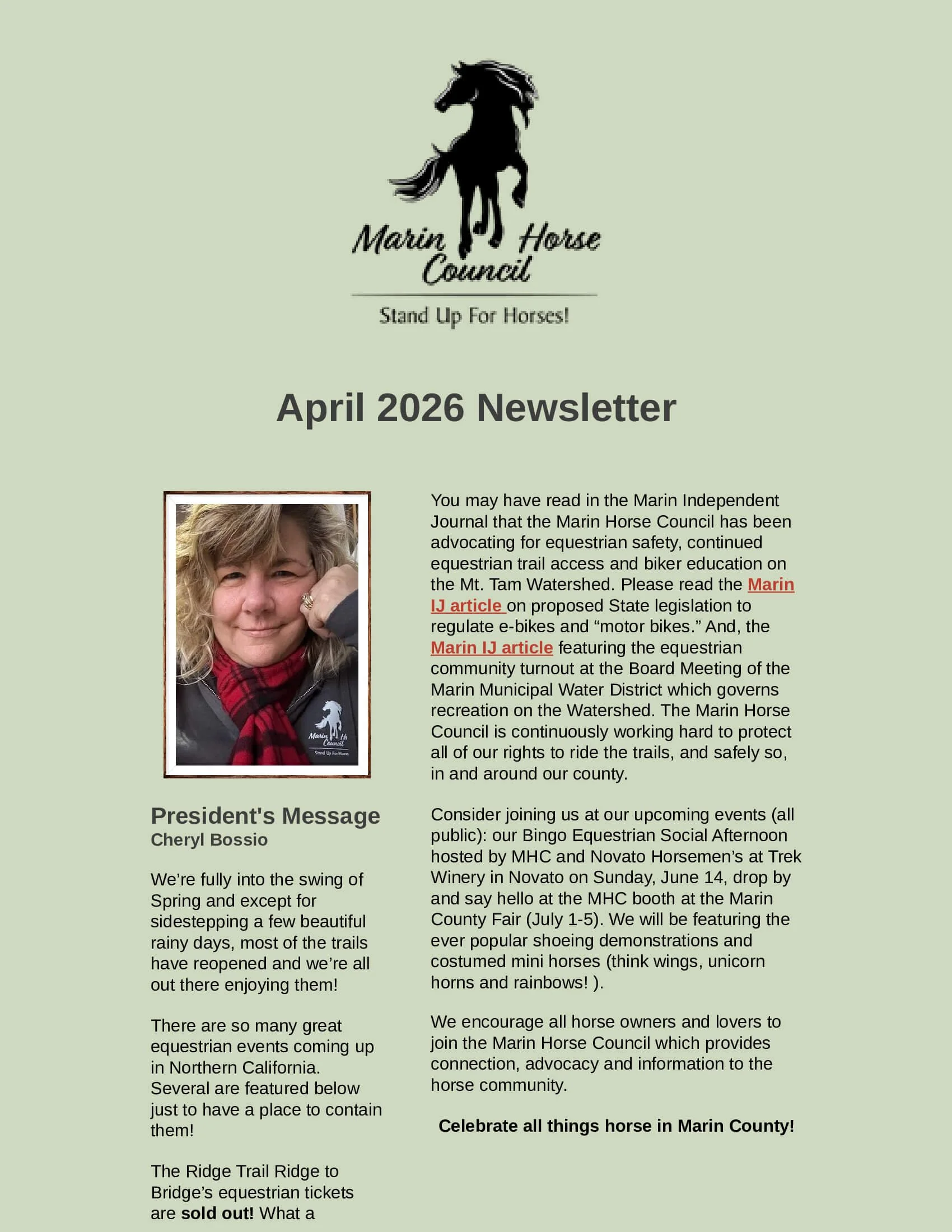 April 2026 newsletter from the Marin Horse Council featuring a logo with a black horse silhouette and text, a photo of Cheryl Bossio, and various sections of text about equestrian events and advocacy.