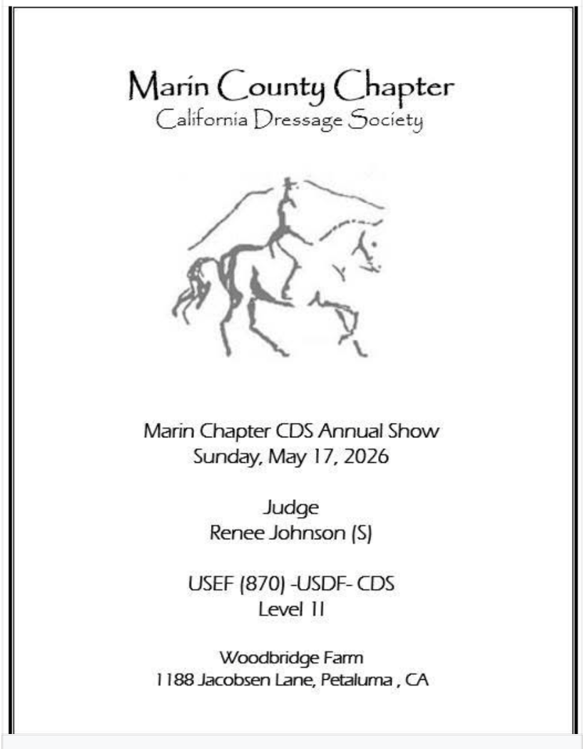 Event flyer for Marin County Chapter California Dressage Society annual show on May 17, 2026, featuring a simple line drawing of a horse's head, with event details including judge Renee Johnson, USEF and USDF certifications, and location at Woodbridge Farm in Petaluma, CA.