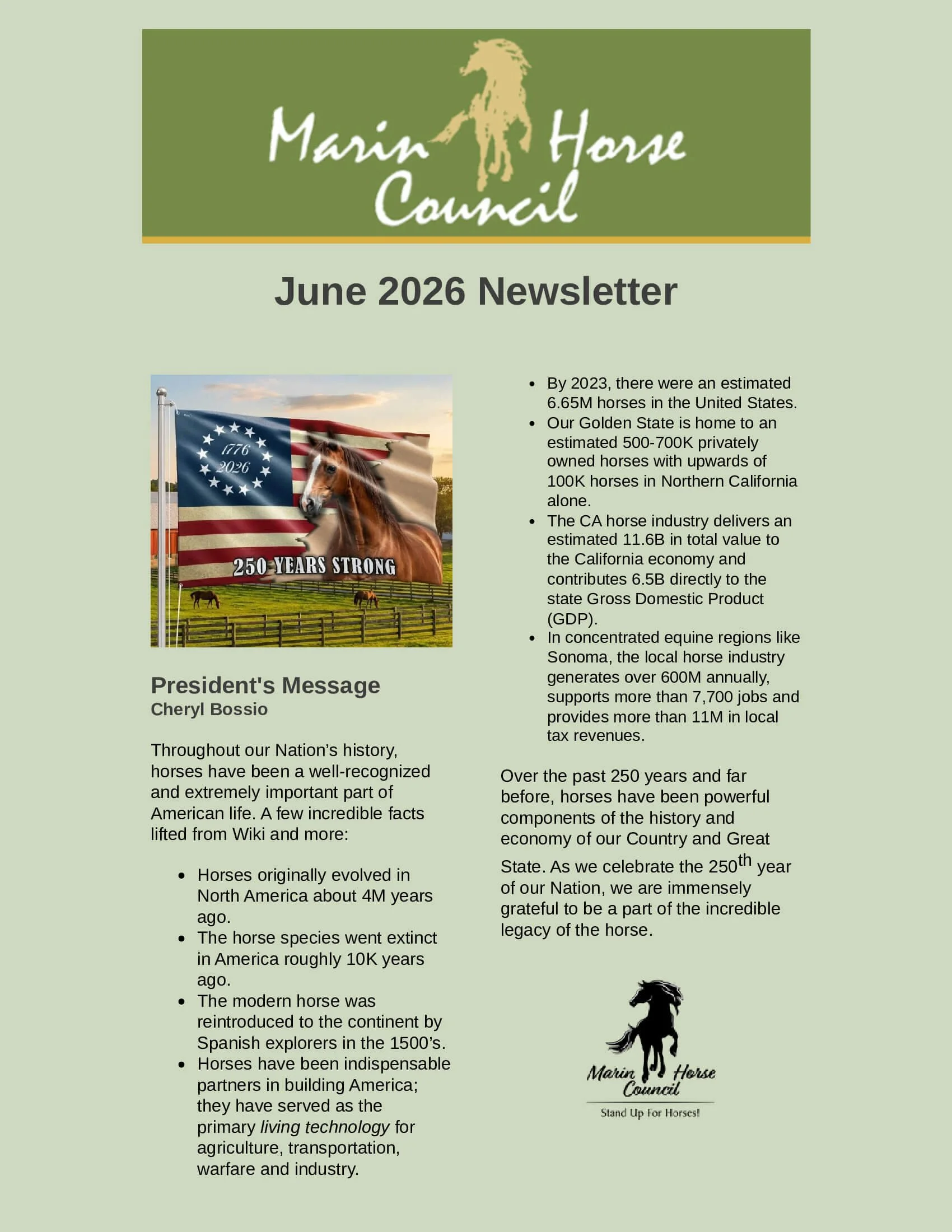 The newsletter from Marin Horse Council for June 2026 features a logo with a horse silhouette in black and the slogan "Stand Up for Horses!" at the bottom. The newsletter includes demographic facts about horses in the United States and California, a message from the president Cheryl Bossio, and a graphic of a horse in front of the American flag with the text "250 Years Strong".
