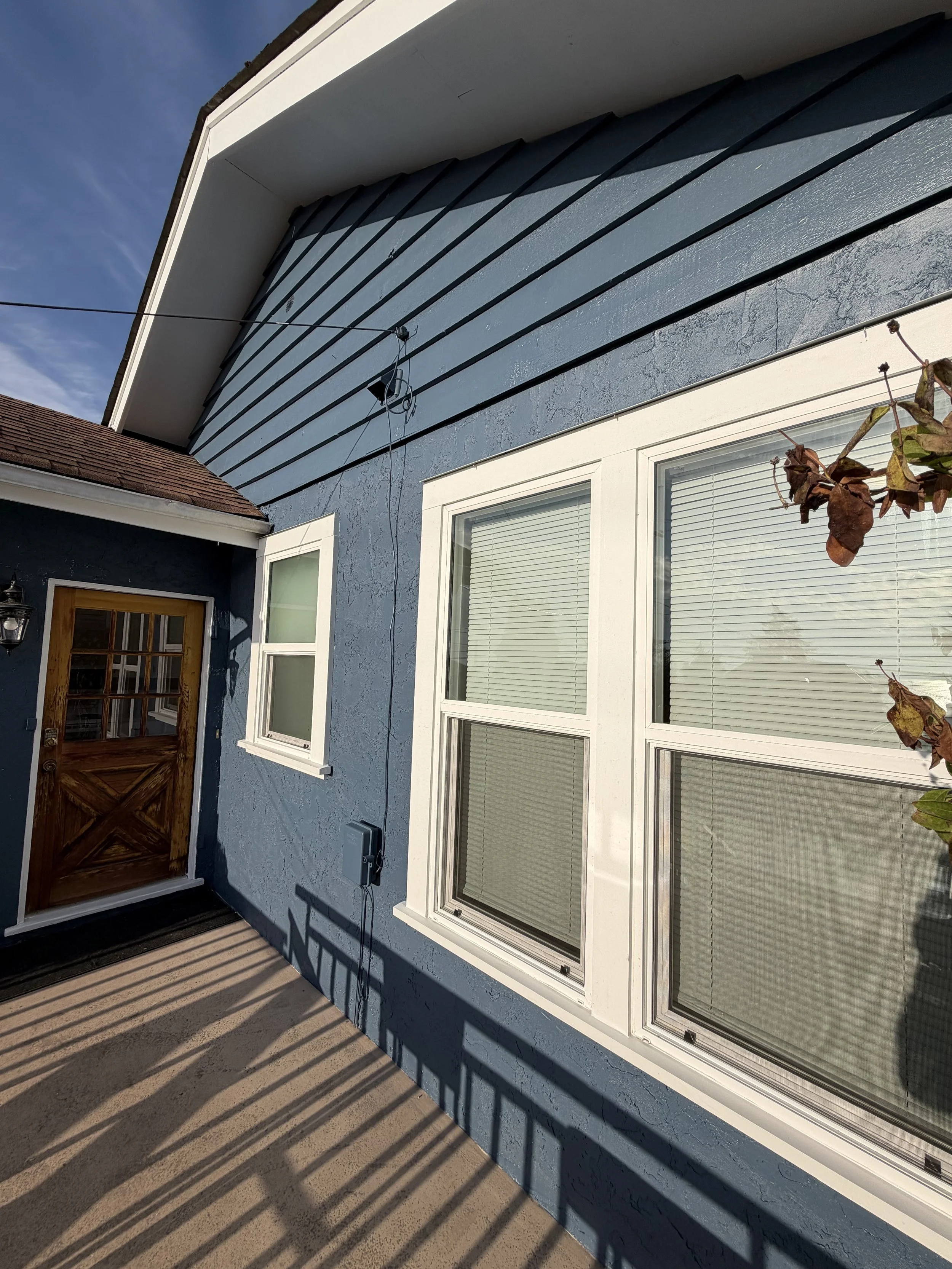 Exterior view of a blue house with white trim and two large windows with closed blinds. There is a leafless plant and a hanging wire visible, with shadows cast across a concrete porch floor.