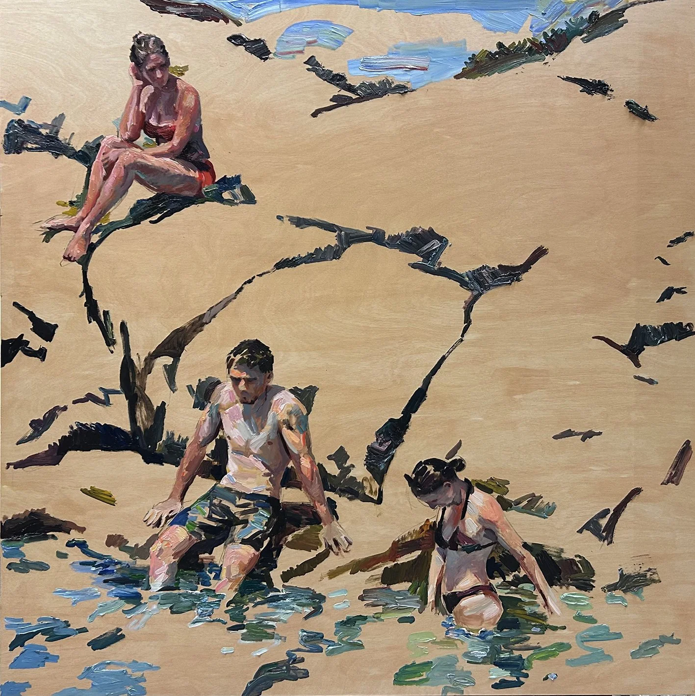 Bathers on Narungga Land (study) 2026
oil on wood, 50 x 50cm 
$1,400 (framed in oak)