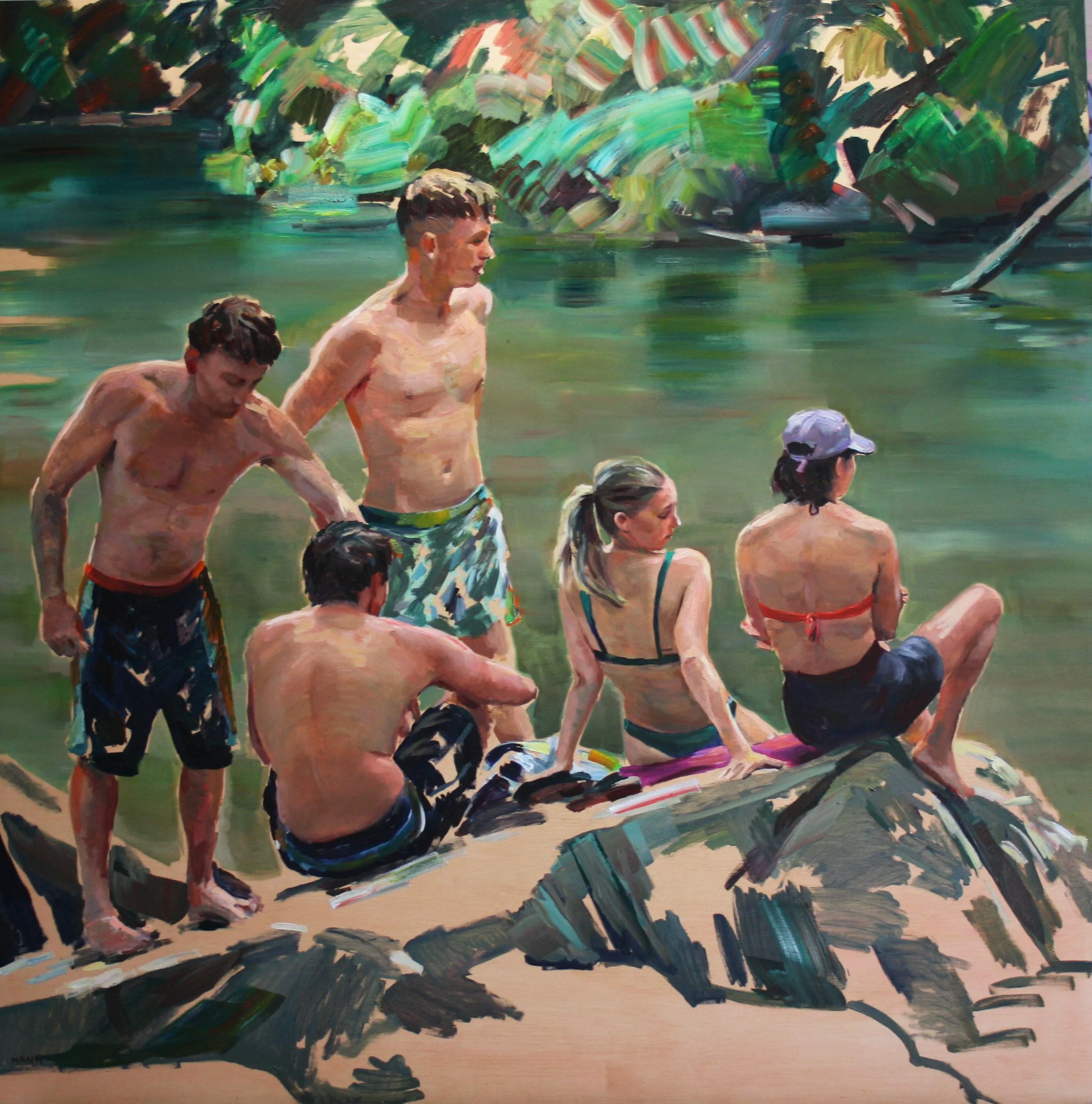 Bathers by Currumbin River, 2026, 
oil on wood, 120 x 120cm 
$3,500