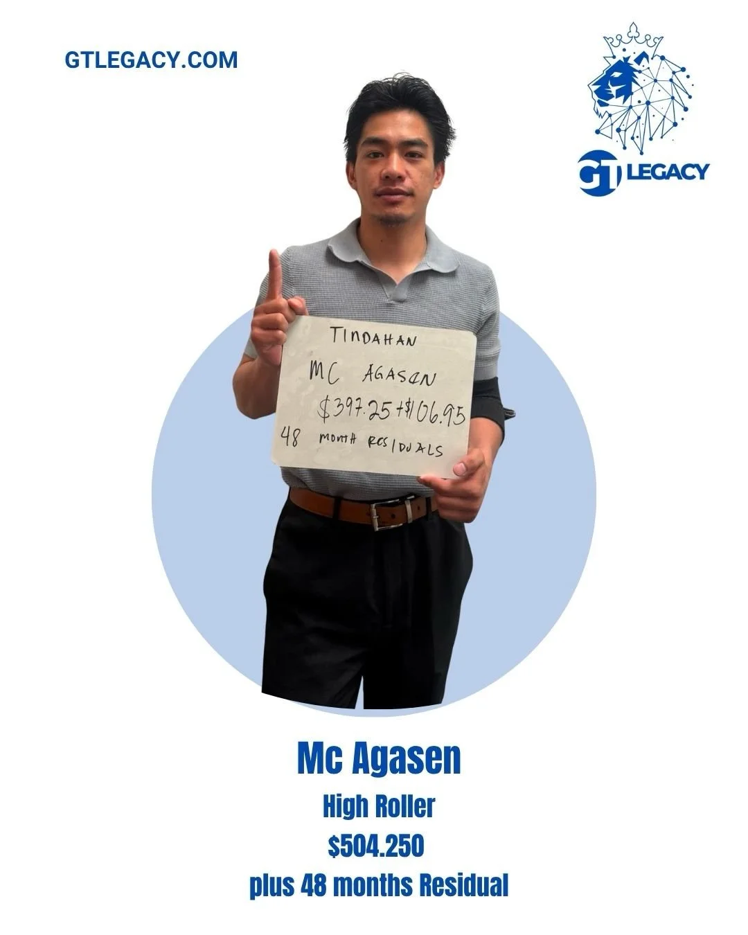 Mc Agasen 
Making 504.25
Plus 48 months residuals 

Are you a high performer