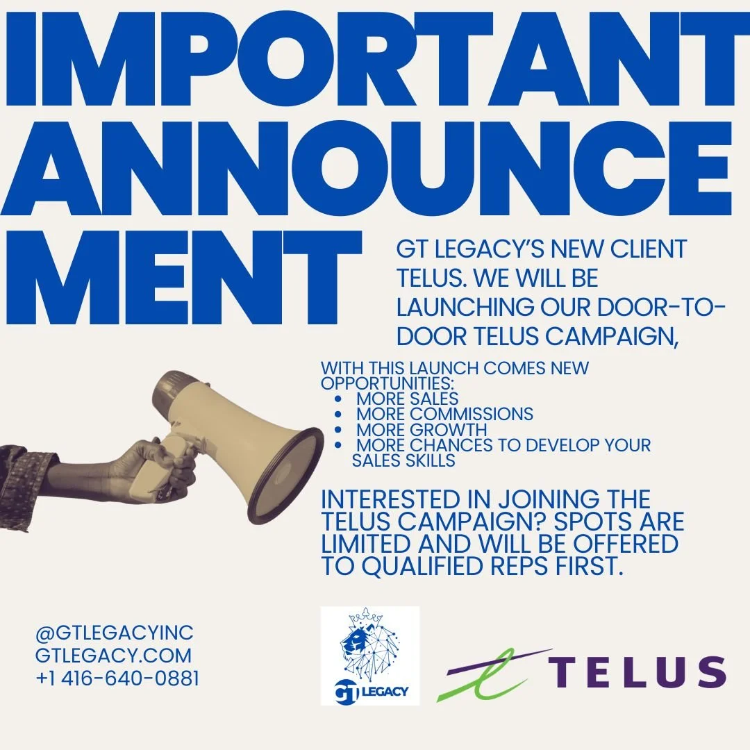 🚨 BIG NEWS 🚨

We're excited to announce that TELUS is officially GT Legacy New Client through C6! 💜

This marks another major milestone in our mission to build one of Canada's top outsourced sales organizations. As we launch our new Door-to-Door c