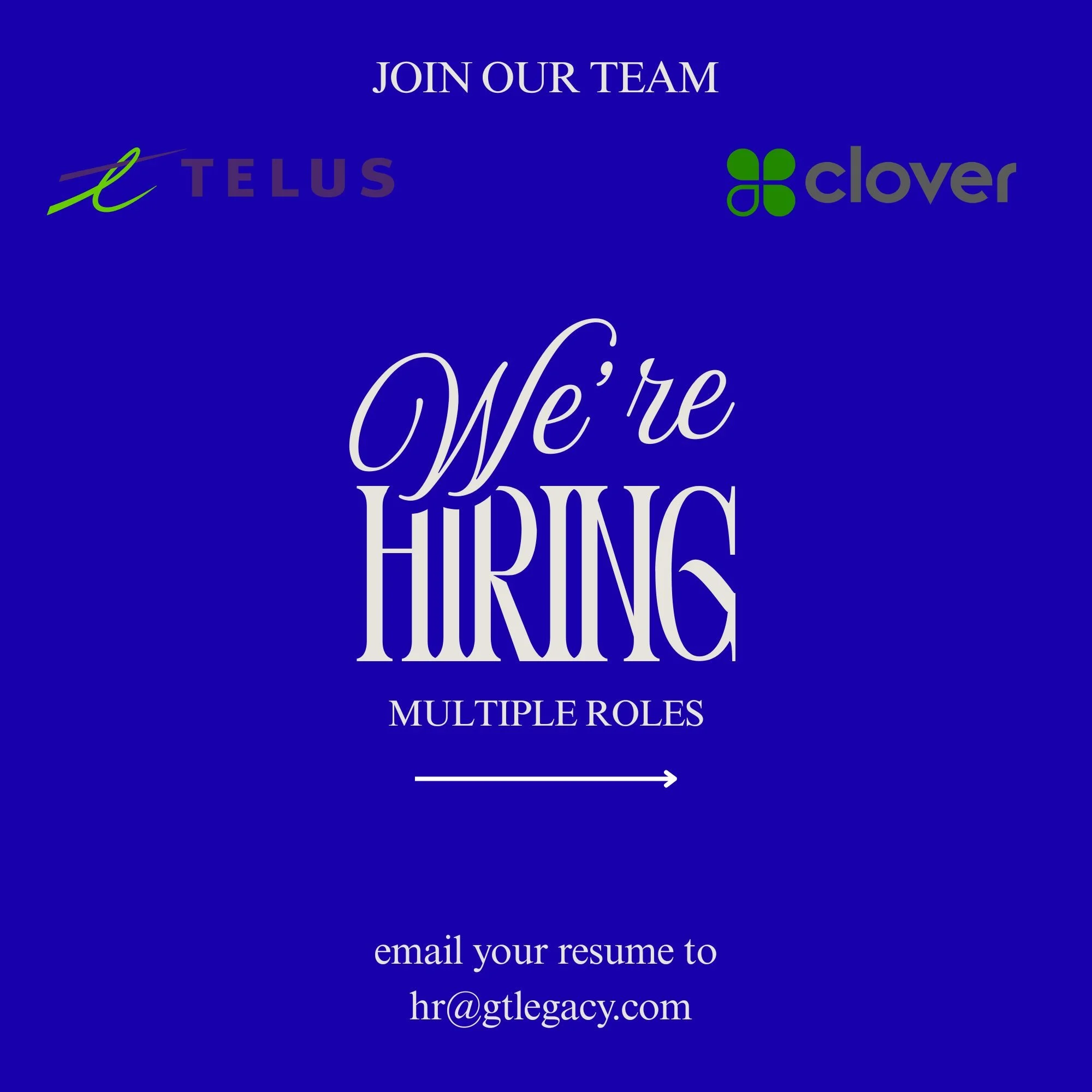 📢 We&rsquo;re Hiring 📢

Do you believe your income should reflect your effort? Ready to build a career with uncapped earning potential, leadership opportunities, and an entrepreneurial mindset?

GT Legacy is growing and hiring for:
👥 TELUS Field M