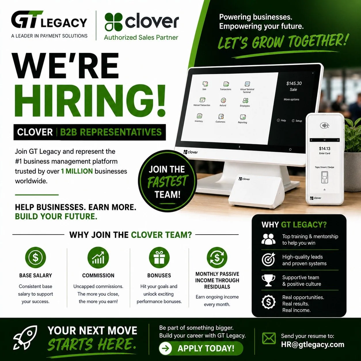 We're Hiring! Join the GT Legacy Clover Team!

Are you driven, competitive, and passionate about helping businesses grow? GT Legacy is expanding our Clover B2B Sales Team, and we're looking for motivated professionals ready to build a rewarding caree