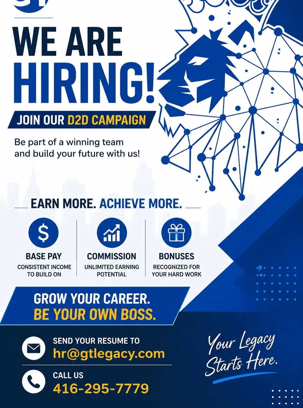 🚪 We're Hiring! Join the GT Legacy Team! 🚪

Looking for a career where your hard work is rewarded and your income has no limits?

GT Legacy is expanding our Door-to-Door (D2D) Sales Team, and we're looking for motivated, driven, and ambitious indiv