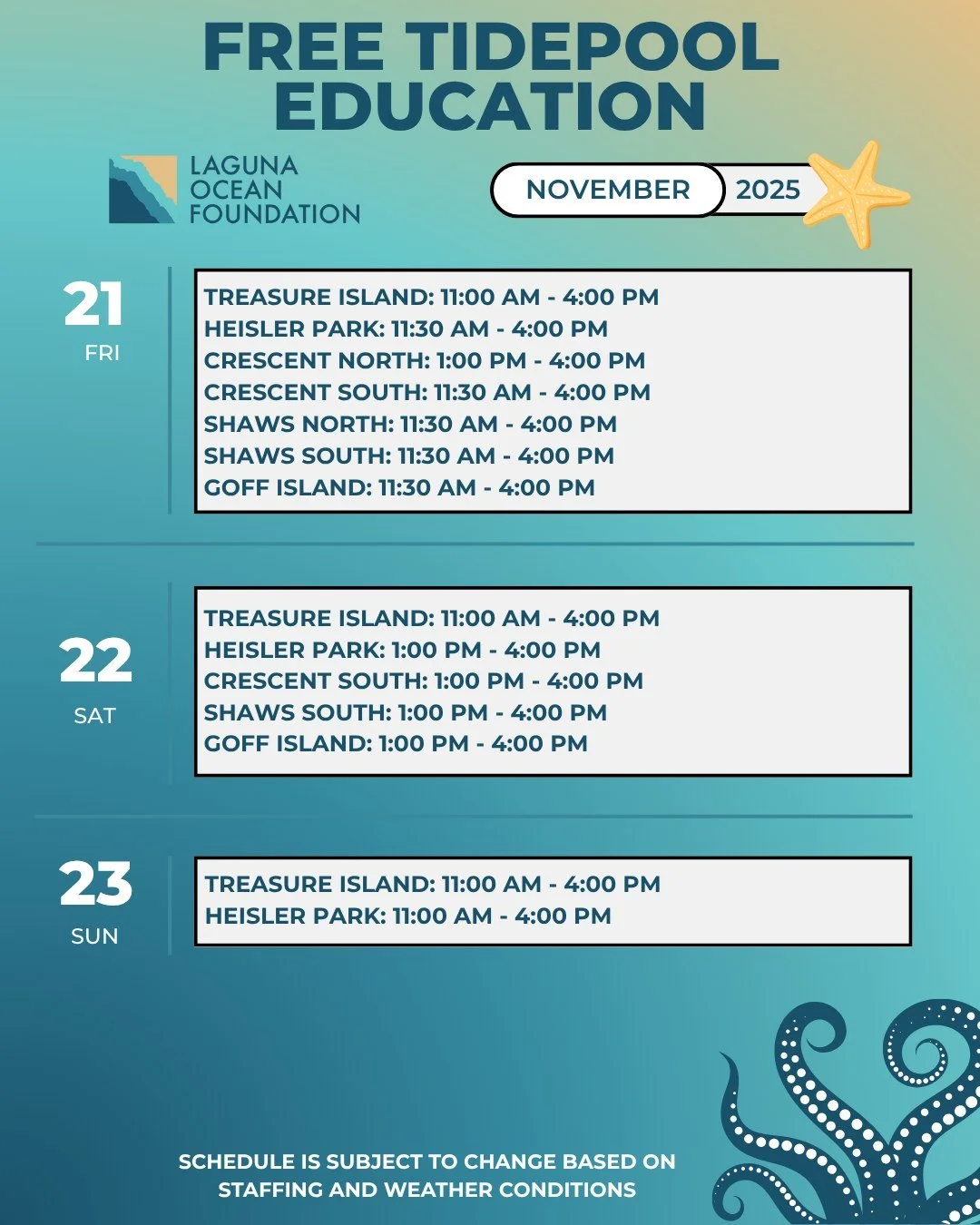 This week we will have tidepool biologists at the tidepools every day! Our staff are at the tidepools during low tide to educate visitors about different species they may find while exploring, share the rules about the Marine Protected Area to preven
