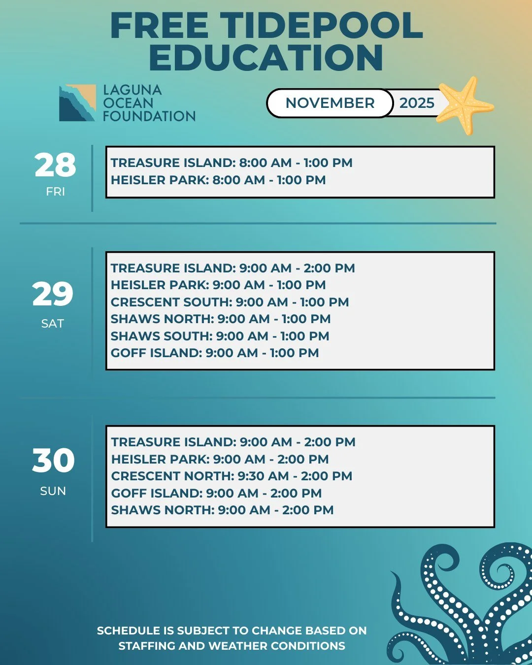 This week we will have tidepool biologists at the tidepools every day! Our staff are at the tidepools during low tide to educate visitors about different species they may find while exploring, share the rules about the Marine Protected Area to preven
