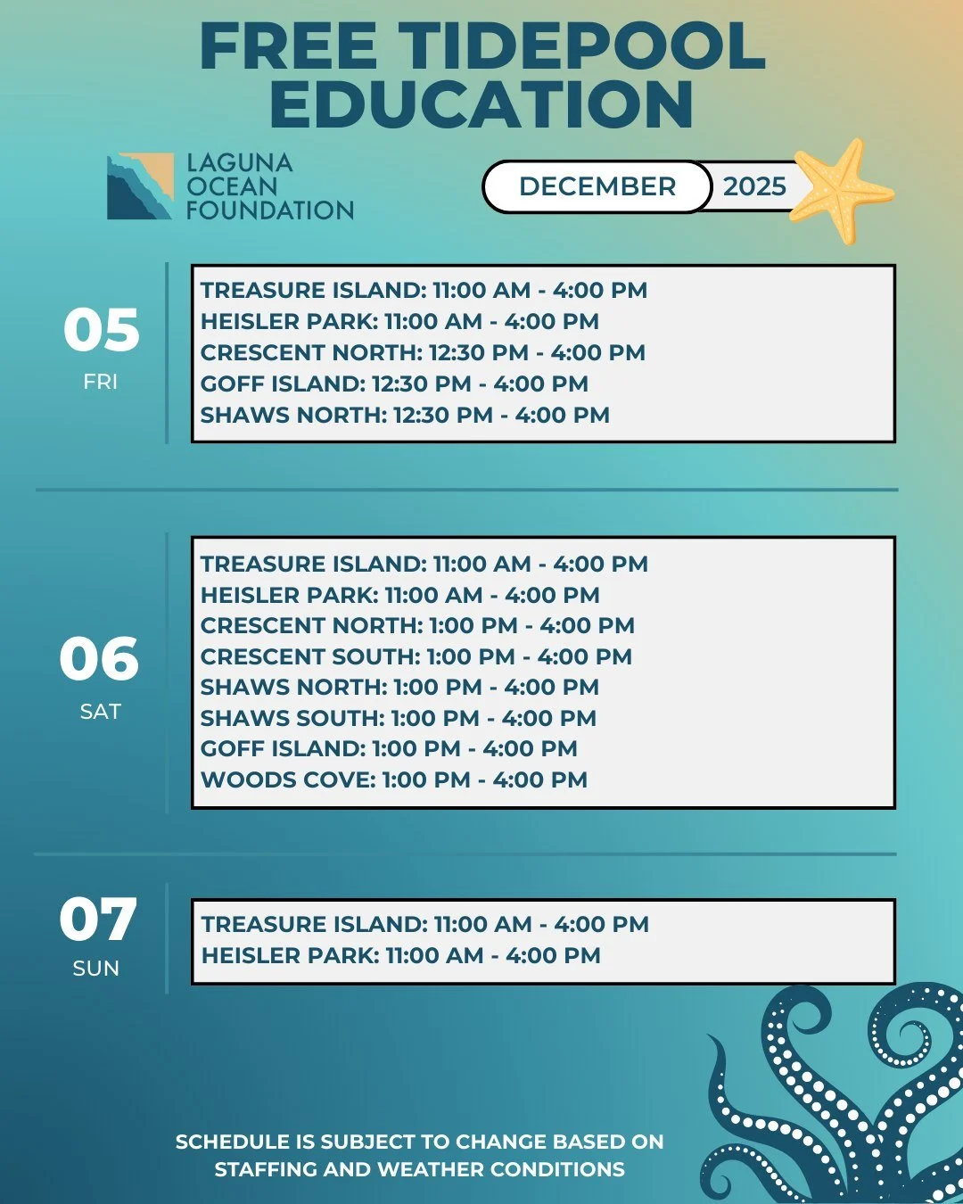 This week we will have tidepool biologists at the tidepools every day! Our staff are at the tidepools during low tide to educate visitors about different species they may find while exploring, share the rules about the Marine Protected Area to preven