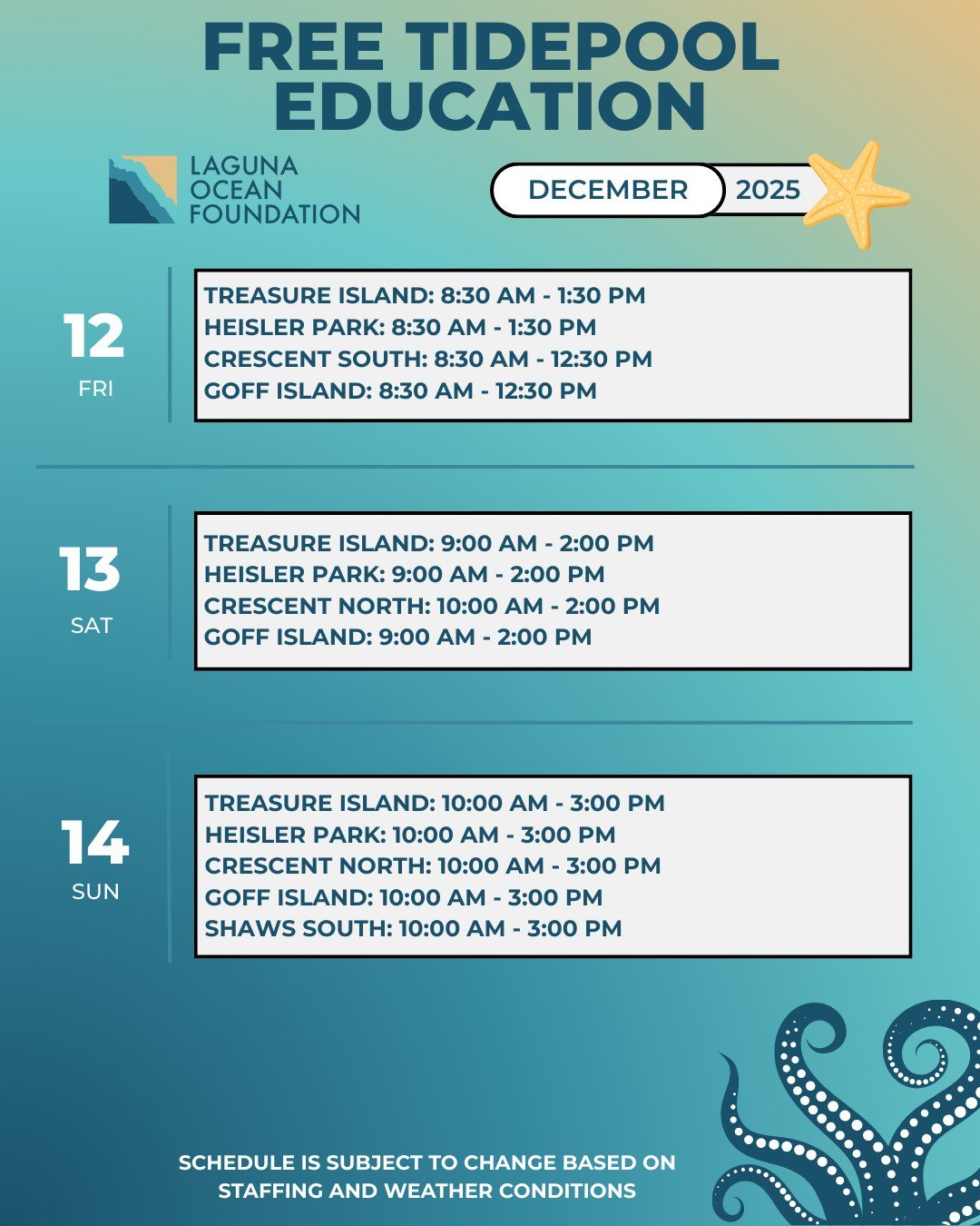 This week we will have tidepool biologists at the tidepools every day! Our staff are at the tidepools during low tide to educate visitors about different species they may find while exploring, share the rules about the Marine Protected Area to preven