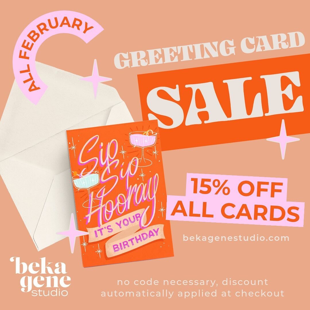 Surprise! 🎉 All greeting cards in my shop are 15% off through the end of February as my Valentine gift to you 💘
Shop birthday cards, thank you cards, and more at bekagenestudio.com

No code necessary! The discount will automatically be applied at c