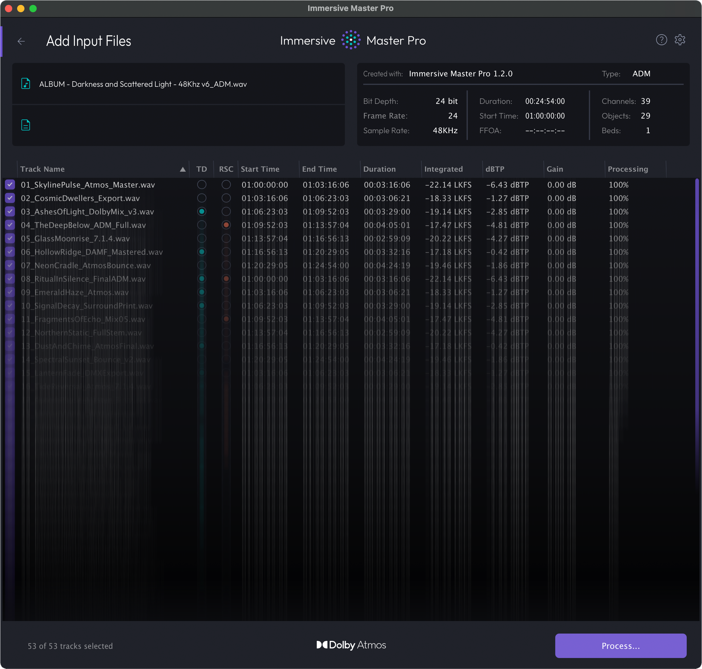 Immersive Master Pro processes hundreds of Atmos files at a time.