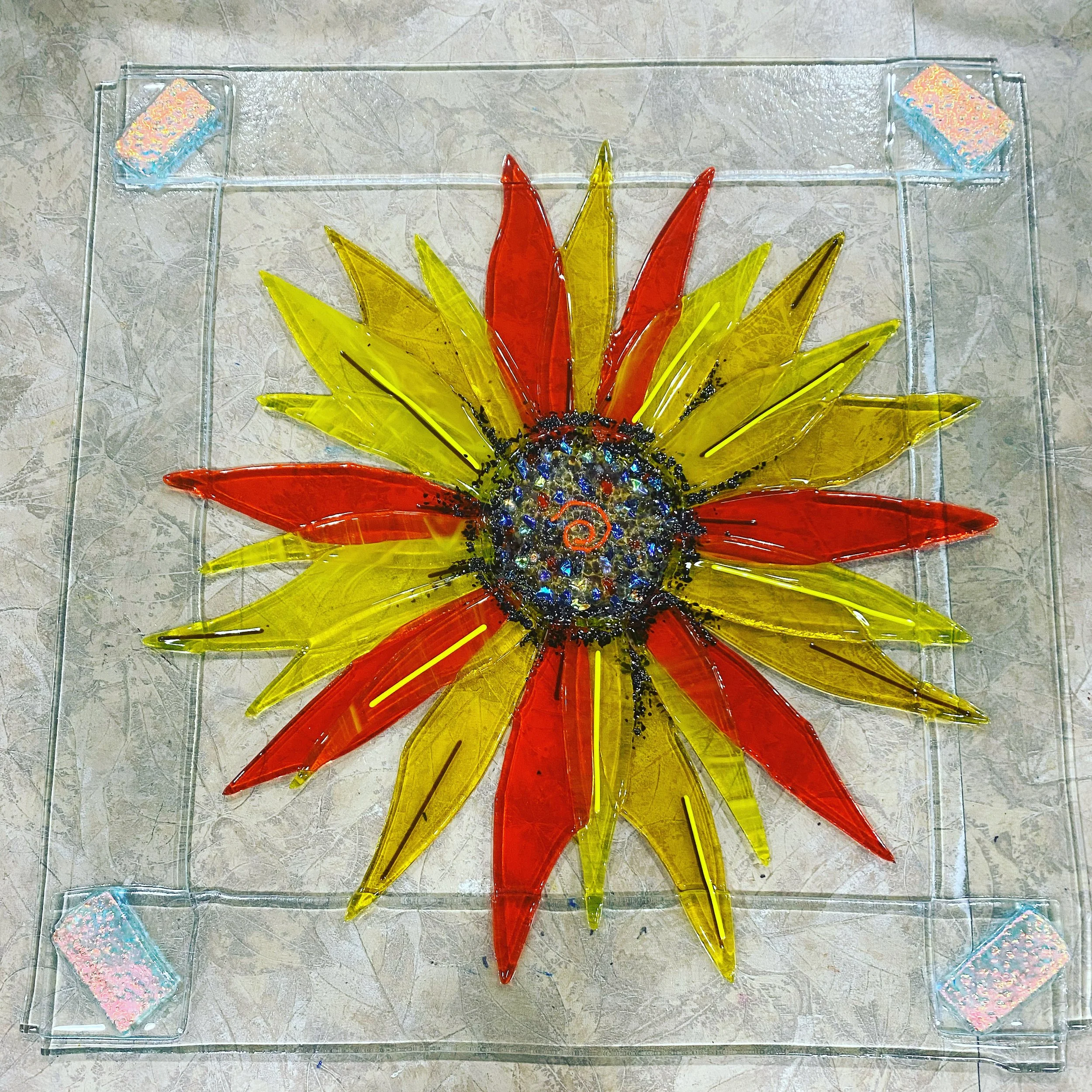 Sunflower - Fused glass very thin and fragile looks great in a window. 15 x 15in   
$110