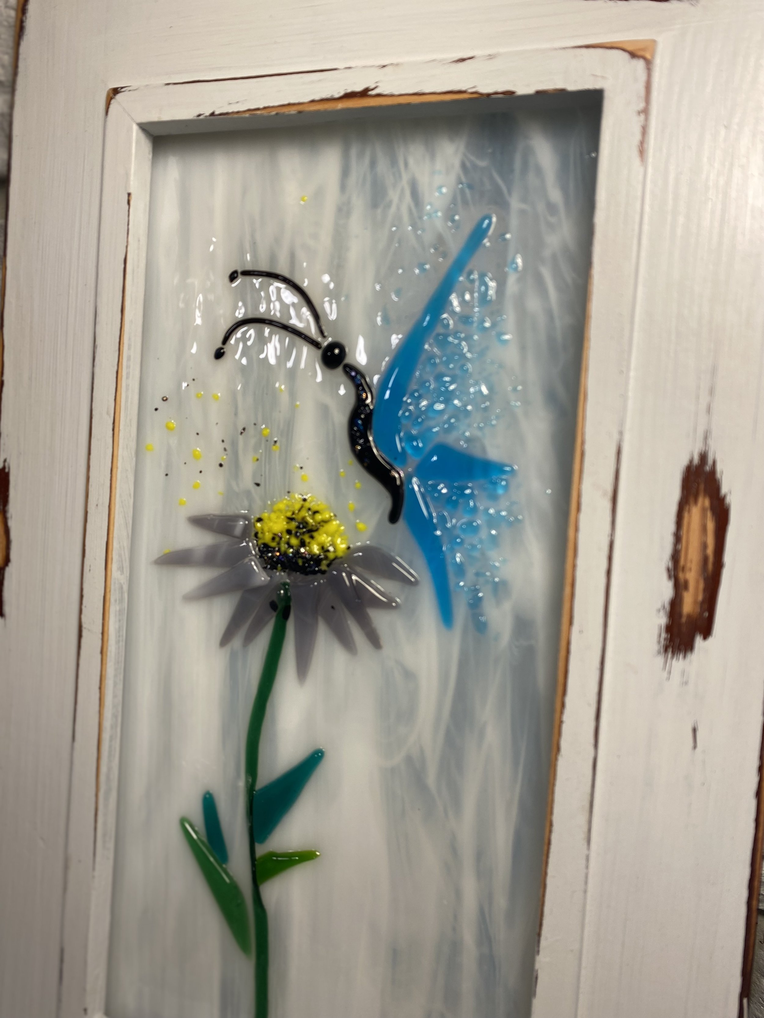 Butterfly - Glass Fusion with hangers on frame.  16 x 9.3/4   $100
